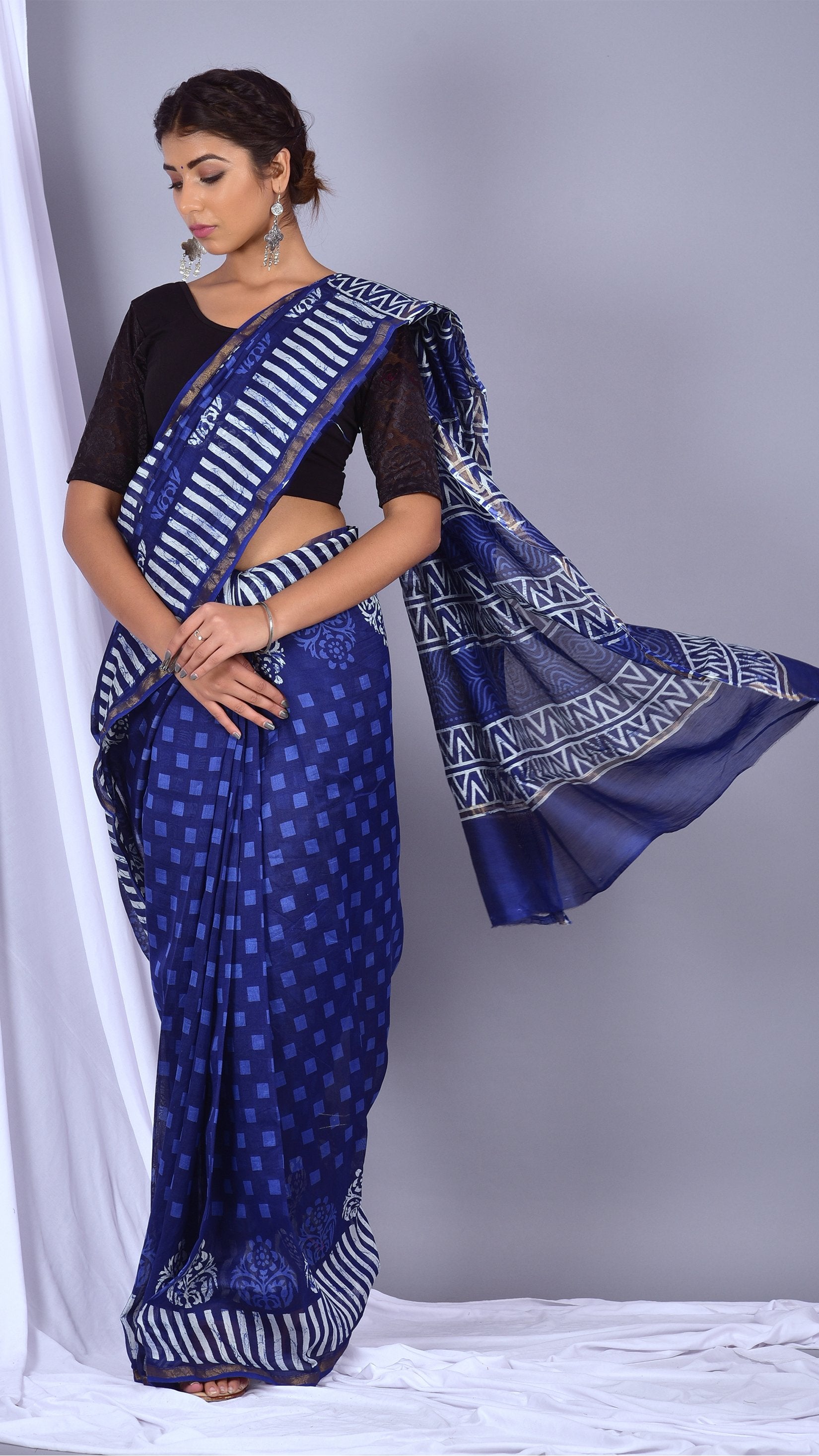 Beautifully Hand carfted Chanderi Indigo Saree (INDCH10) - ShalviFashion