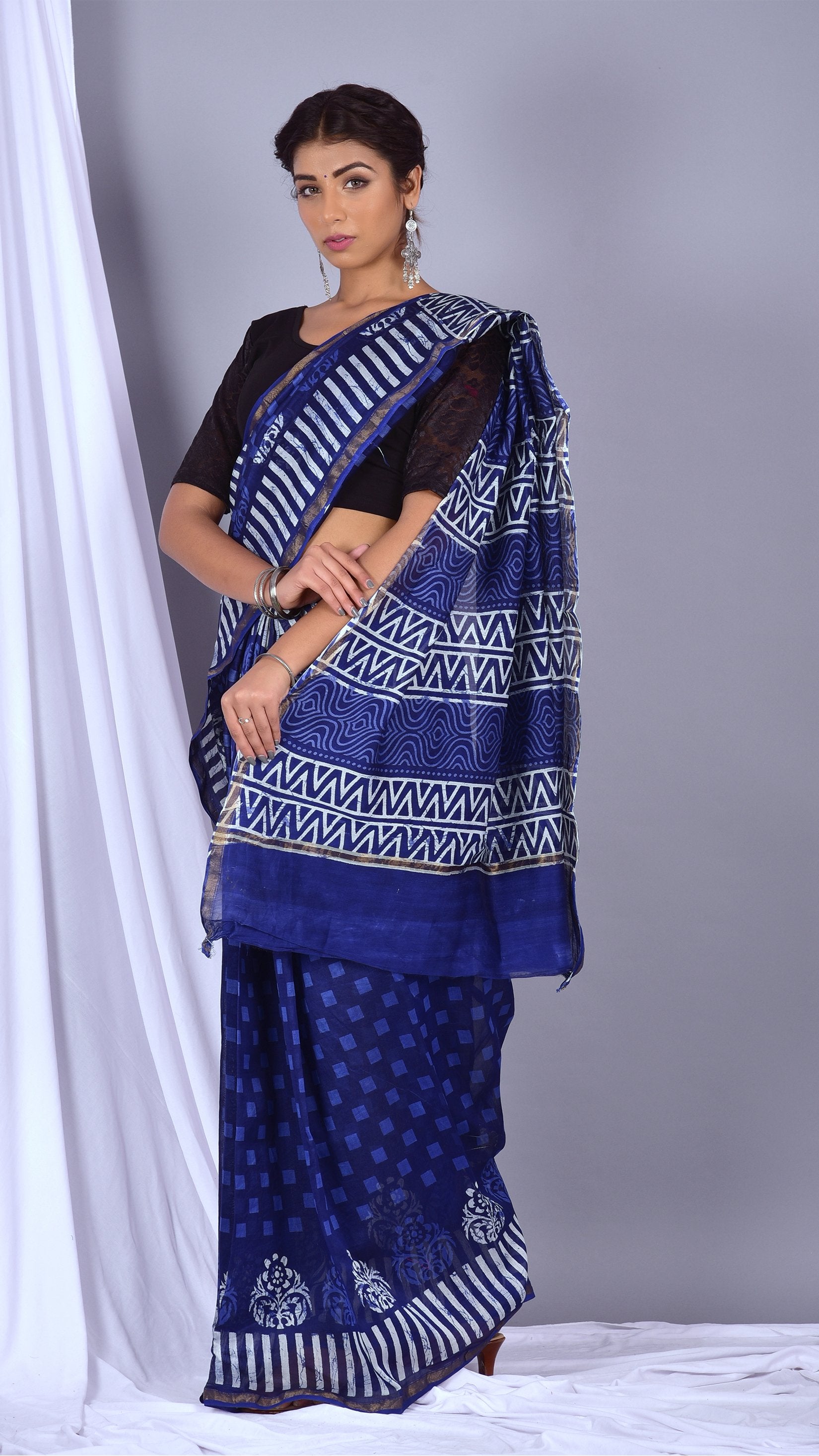 Beautifully Hand carfted Chanderi Indigo Saree (INDCH10) - ShalviFashion