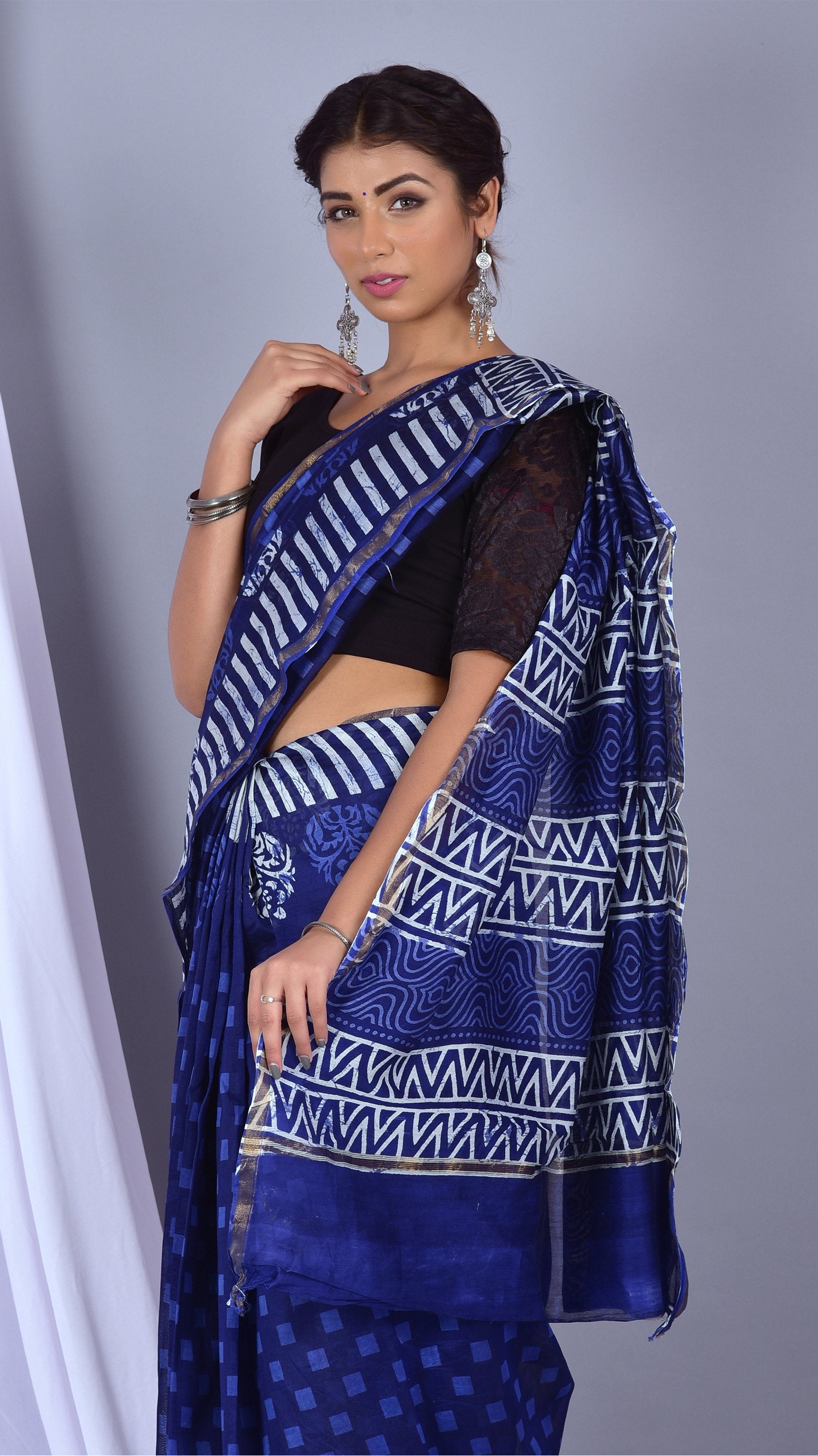 Beautifully Hand carfted Chanderi Indigo Saree (INDCH10) - ShalviFashion