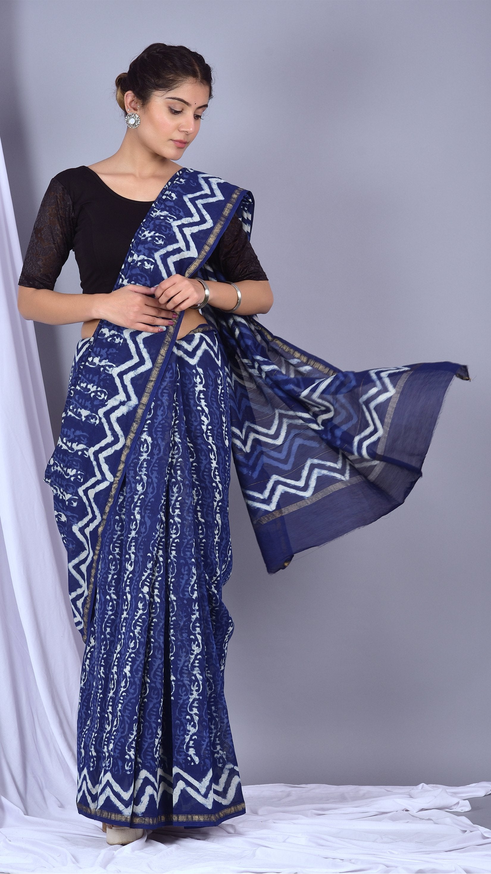 Beautifully Hand carfted Chanderi Indigo Saree (INDCH11) - ShalviFashion