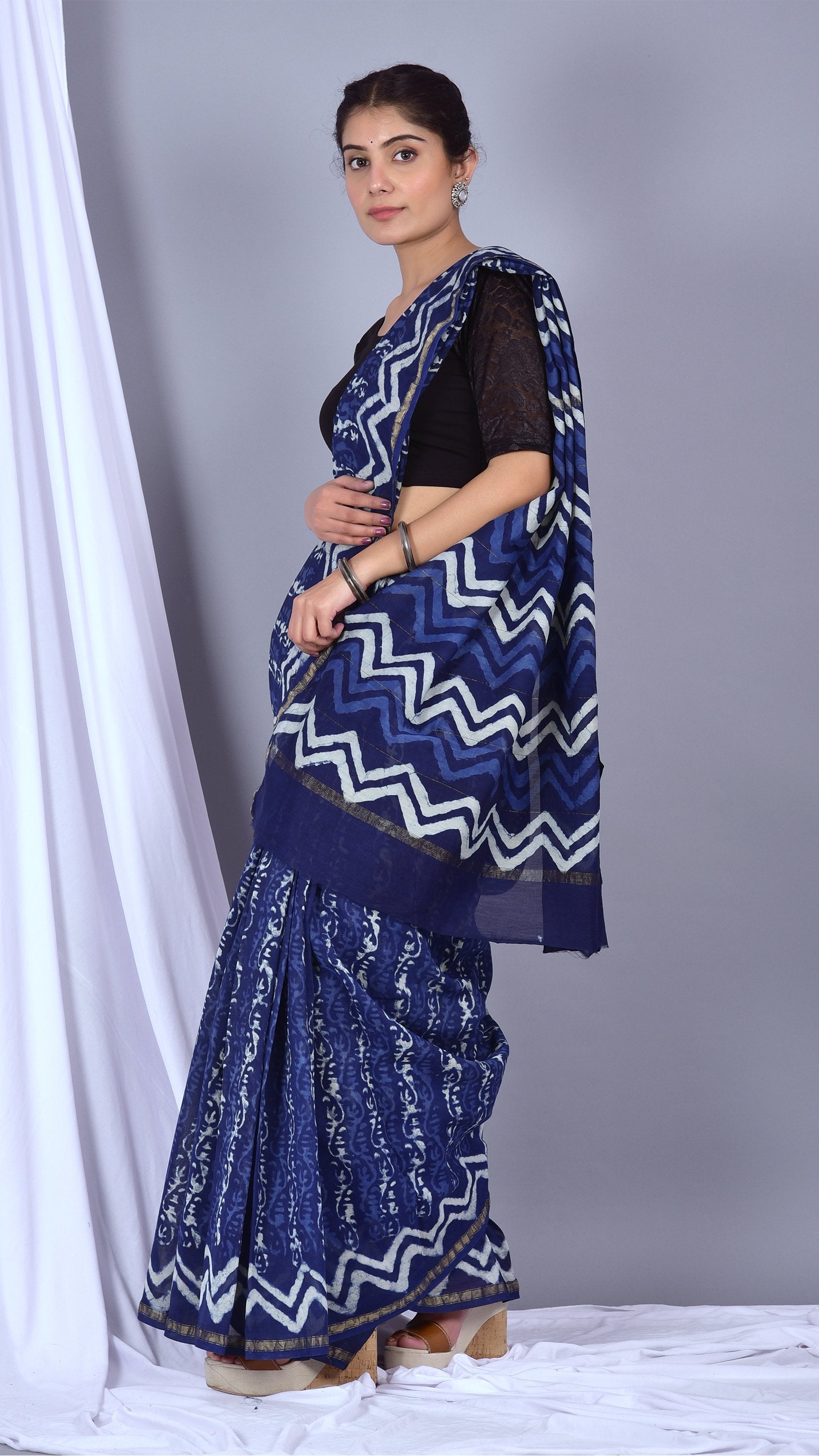 Beautifully Hand carfted Chanderi Indigo Saree (INDCH11) - ShalviFashion