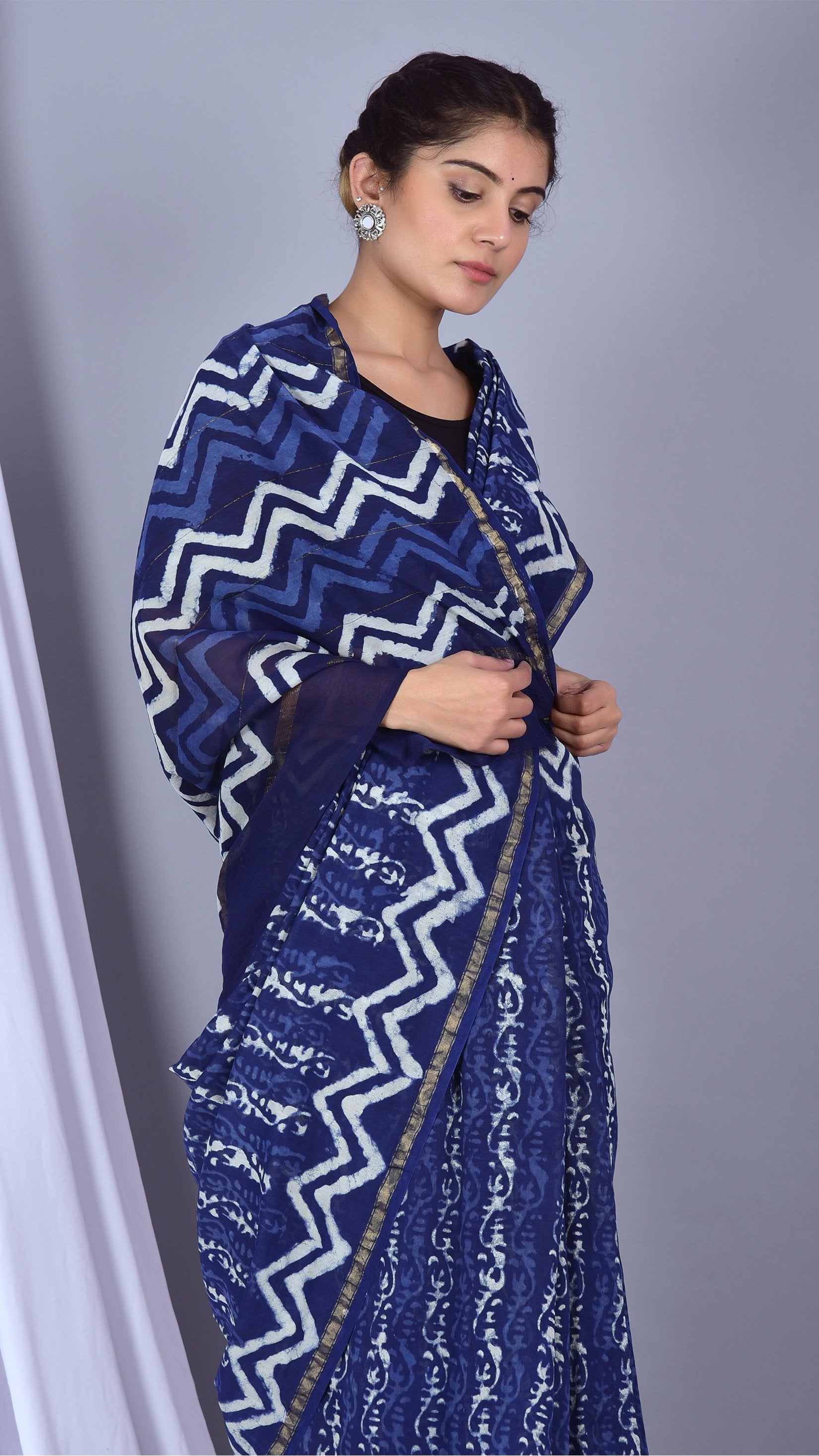 Beautifully Hand carfted Chanderi Indigo Saree (INDCH11) - ShalviFashion
