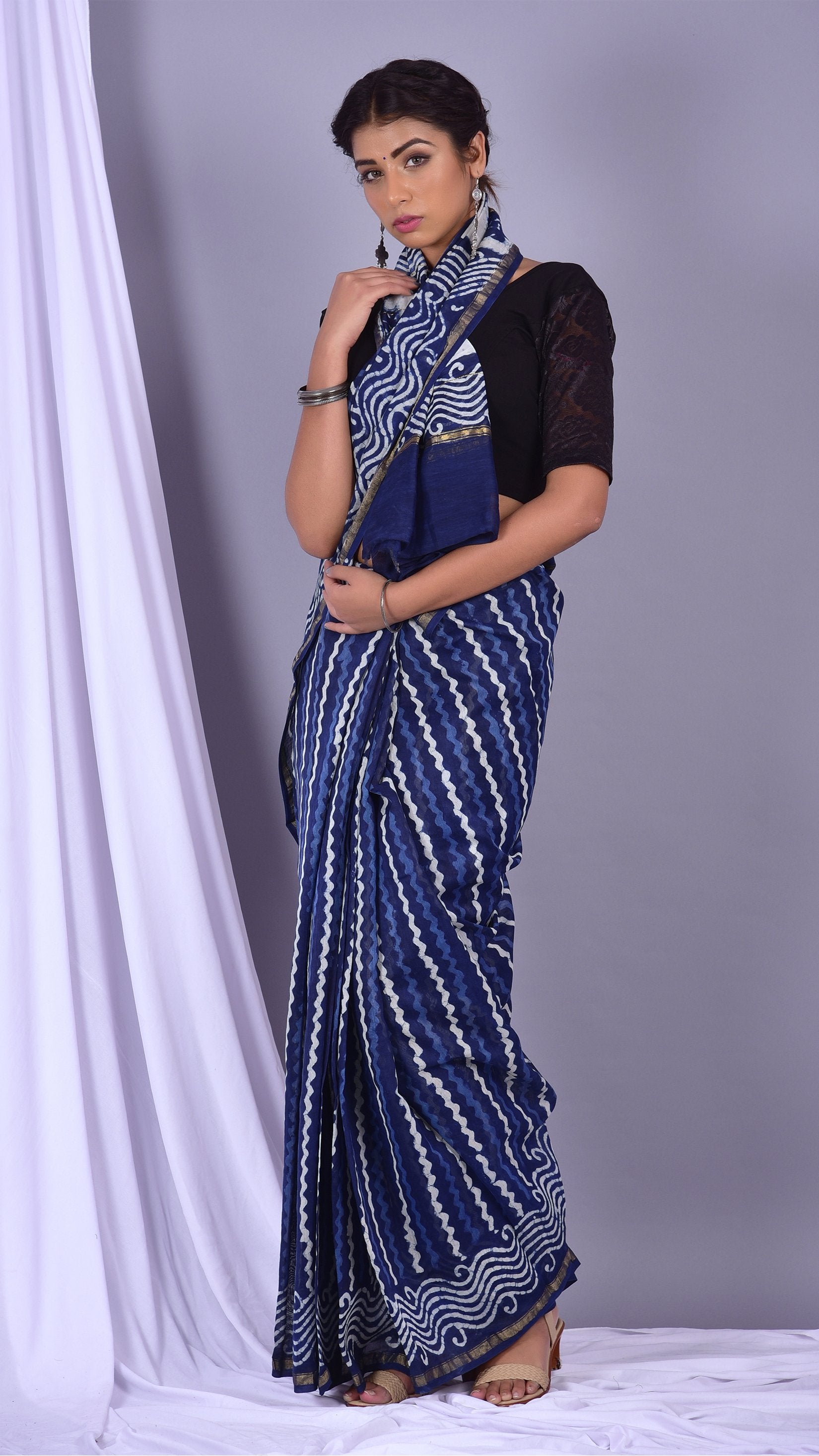 Beautifully Hand carfted Chanderi Indigo Saree (INDCH12) - ShalviFashion