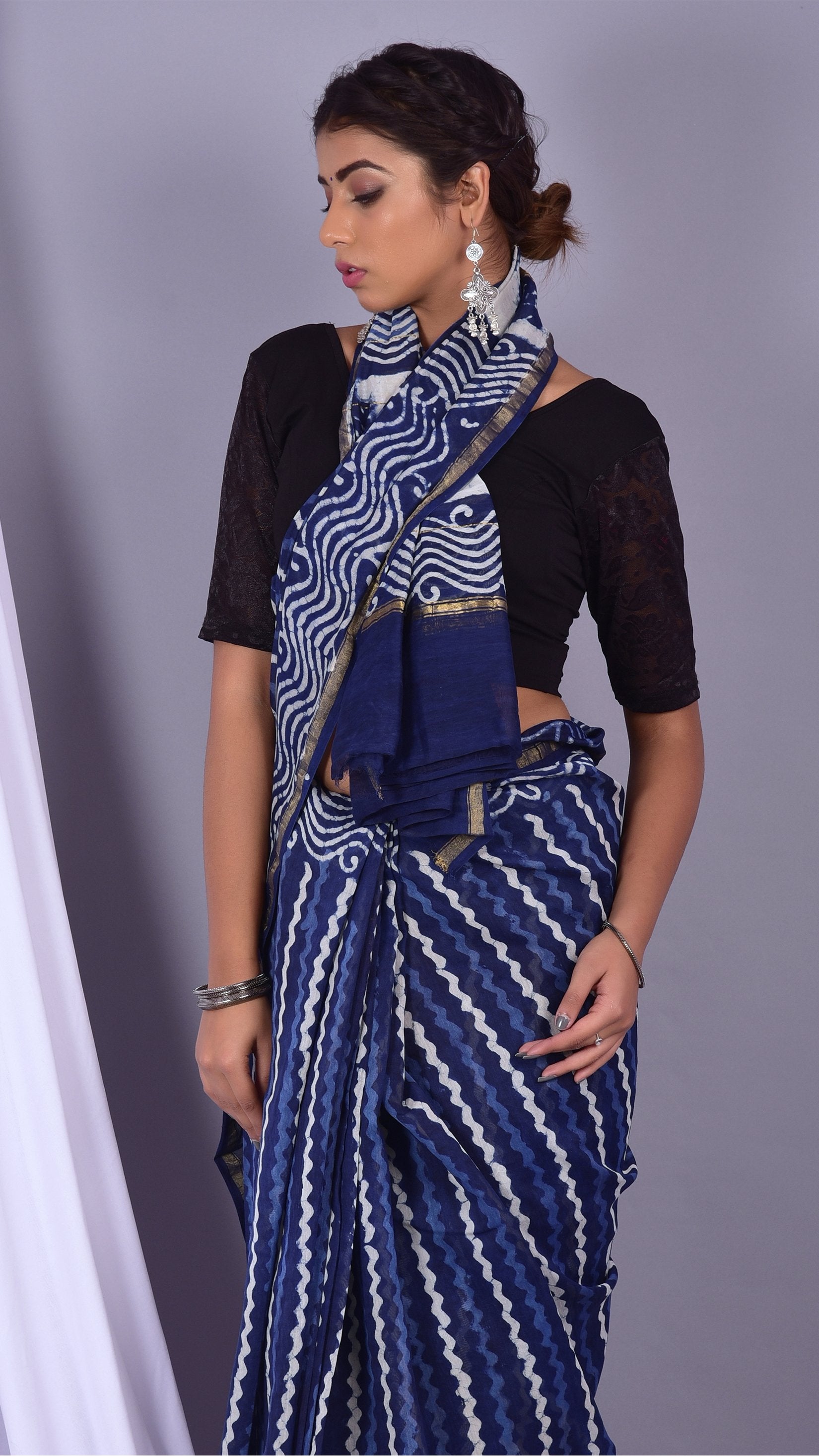 Beautifully Hand carfted Chanderi Indigo Saree (INDCH12) - ShalviFashion