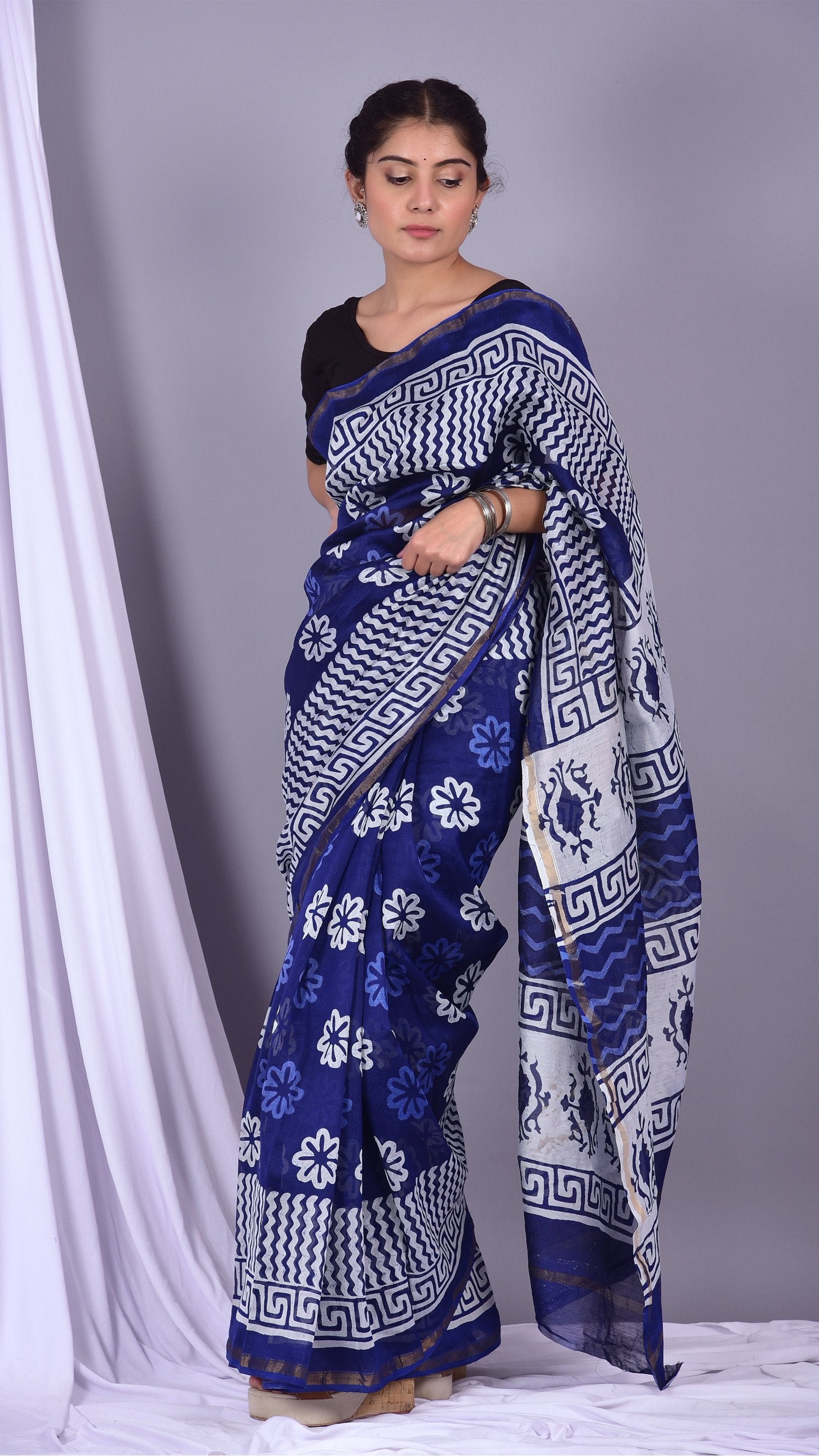 Beautifully Hand carfted Chanderi Indigo Saree (INDCH13) - ShalviFashion