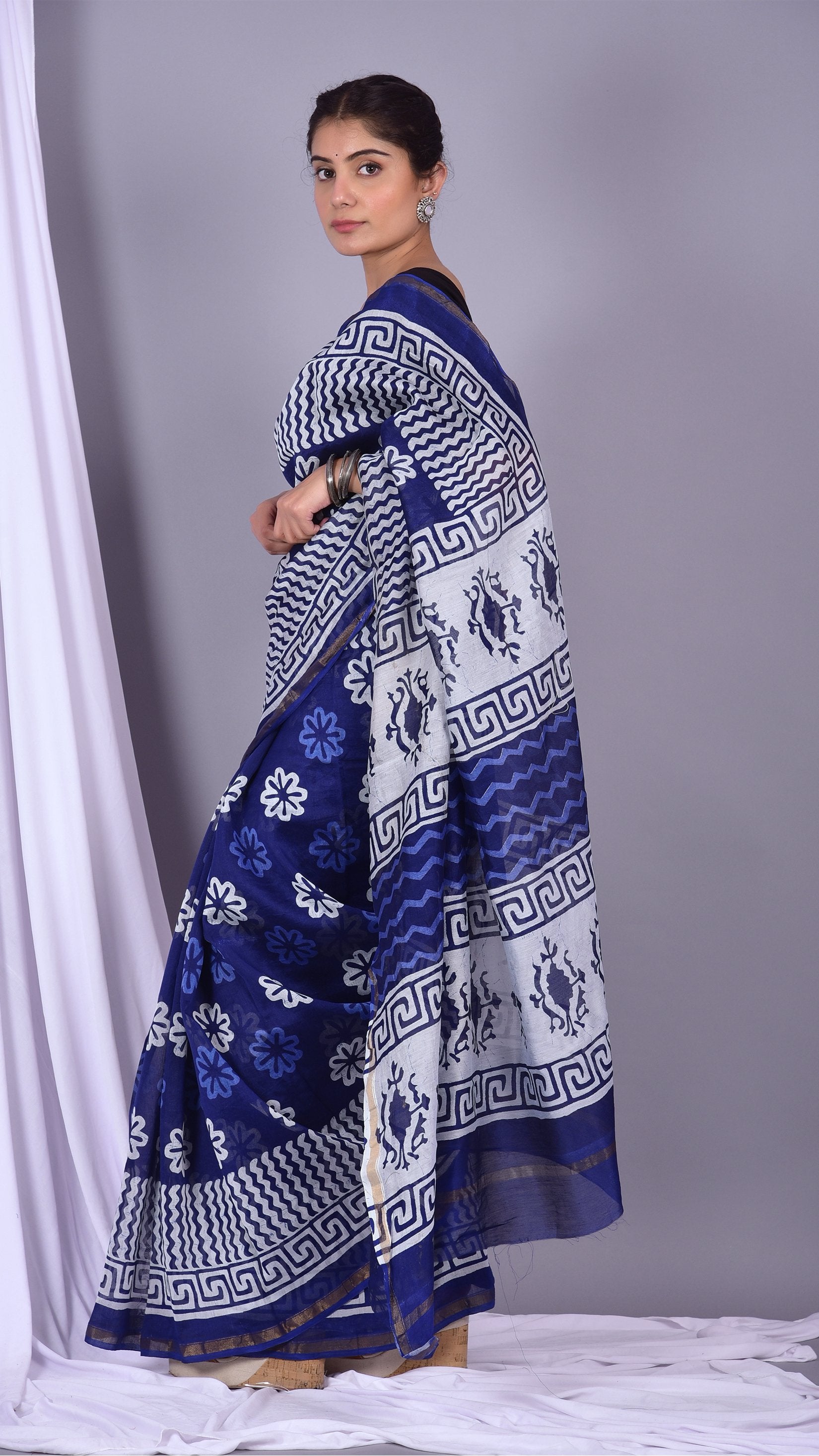 Beautifully Hand carfted Chanderi Indigo Saree (INDCH13) - ShalviFashion