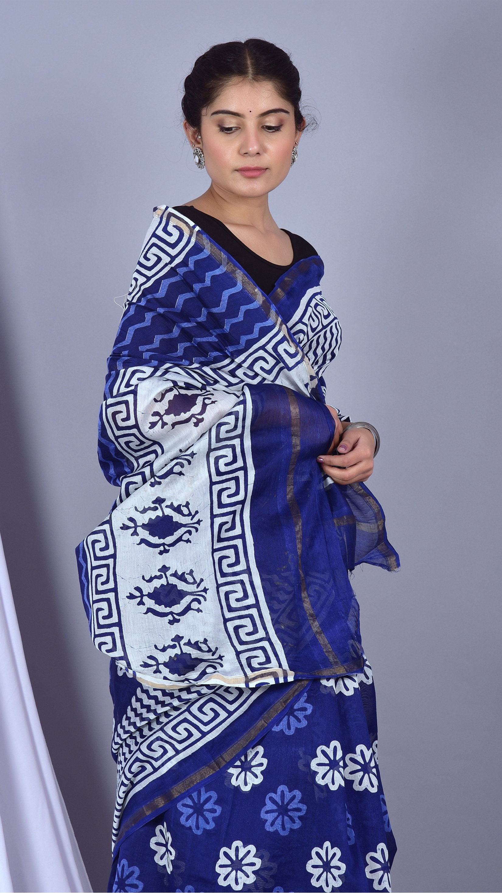 Beautifully Hand carfted Chanderi Indigo Saree (INDCH13) - ShalviFashion