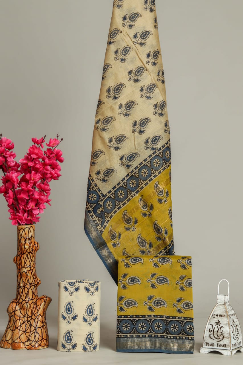 Shop Unstitched Hand Block Print Maheshwari Silk Suit Sets (MSL103)