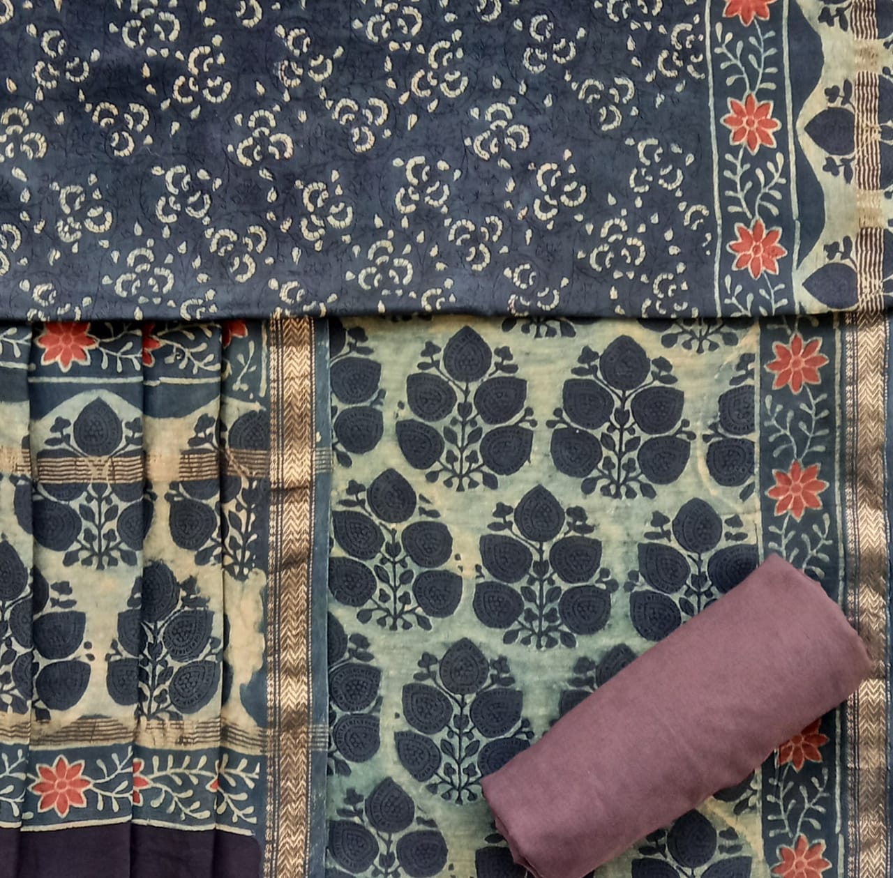 Shop Unstitched Ajrak Print Maheshwari Silk Suit Sets (MSL142)