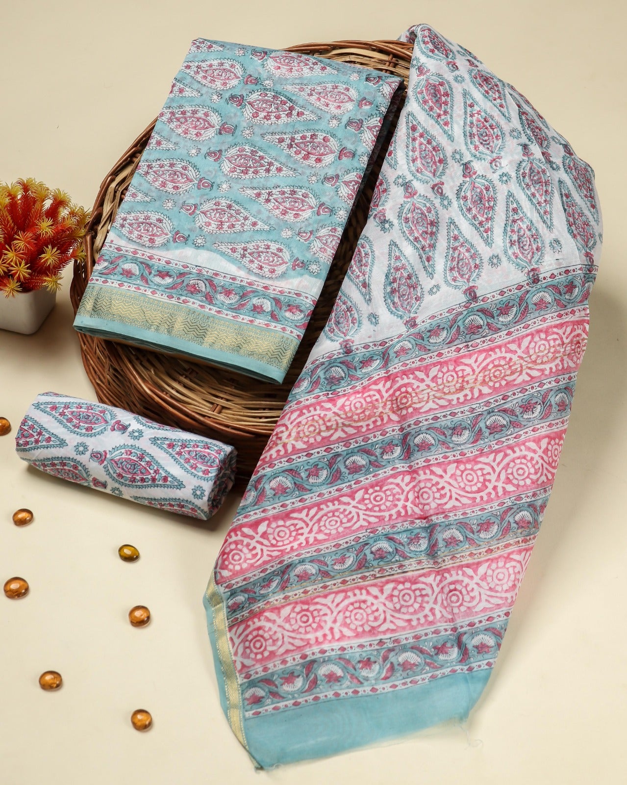 Shop unstitched hand block printed maheshwari silk suits (MSL406)