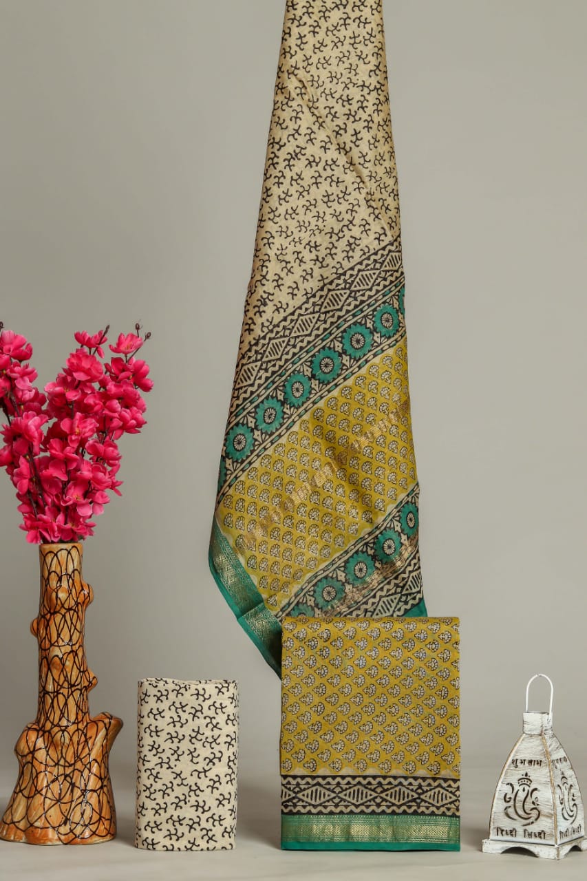 Shop Unstitched Hand Block Print Maheshwari Silk Suit sets (MSL73)