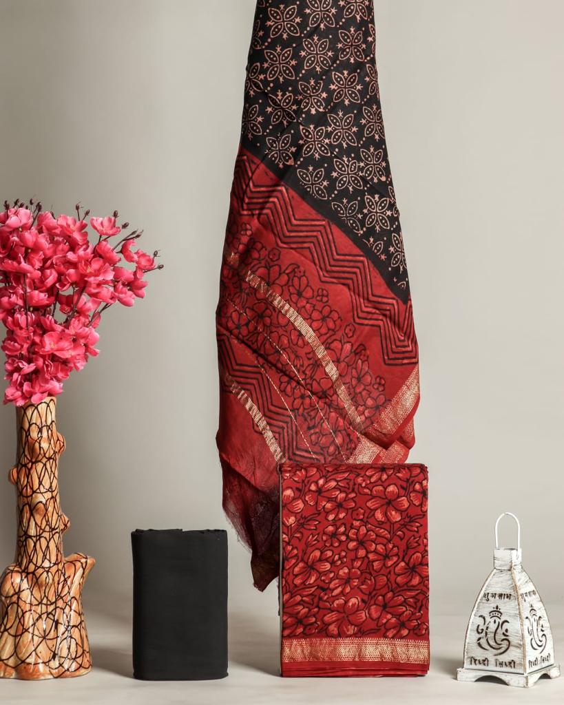 Shop Unstitched Hand Block Print Maheshwari Silk Suit sets