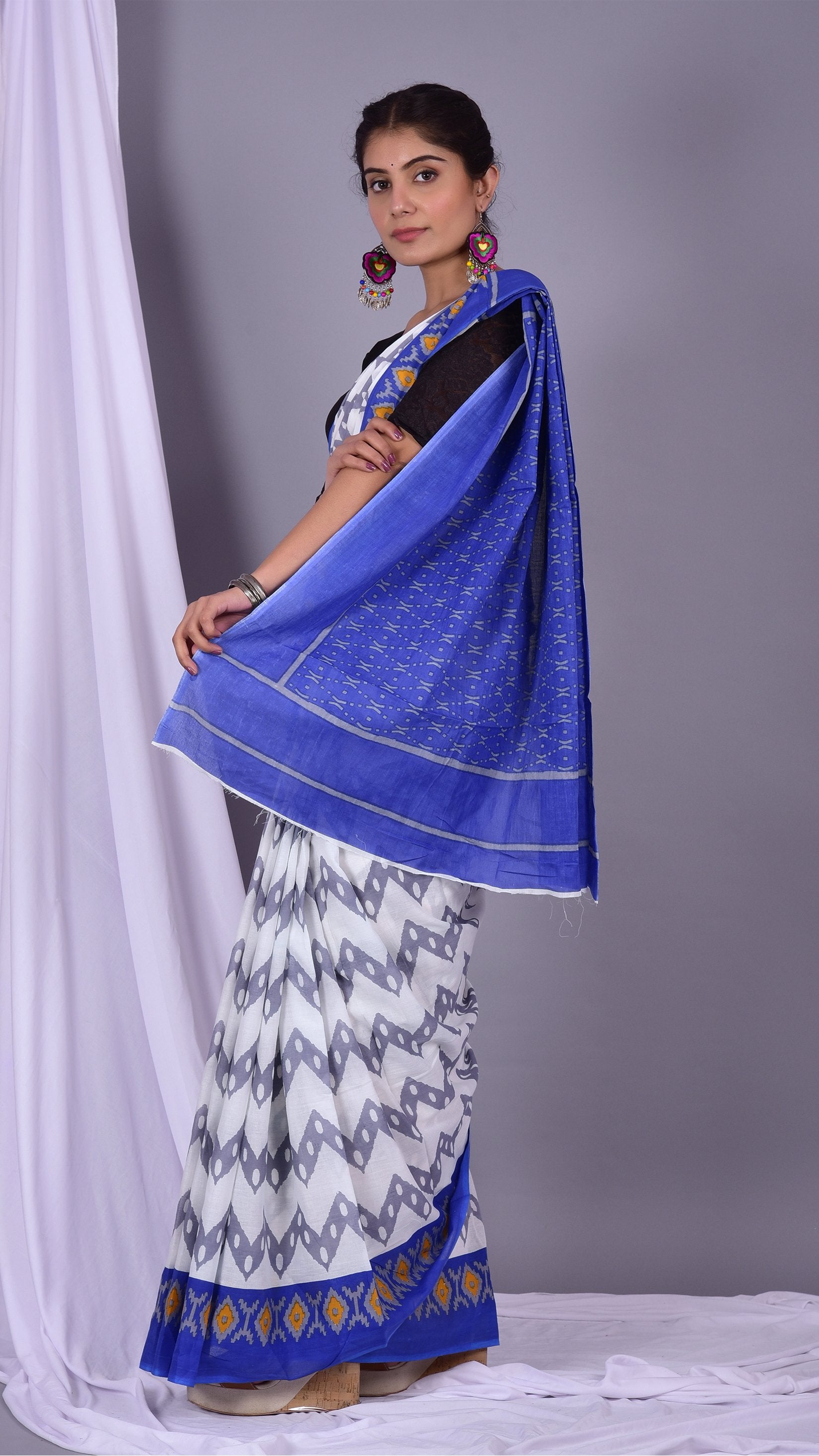 Designer Stripes Print Summery Pure Cotton Saree (RMULSAR11) - ShalviFashion