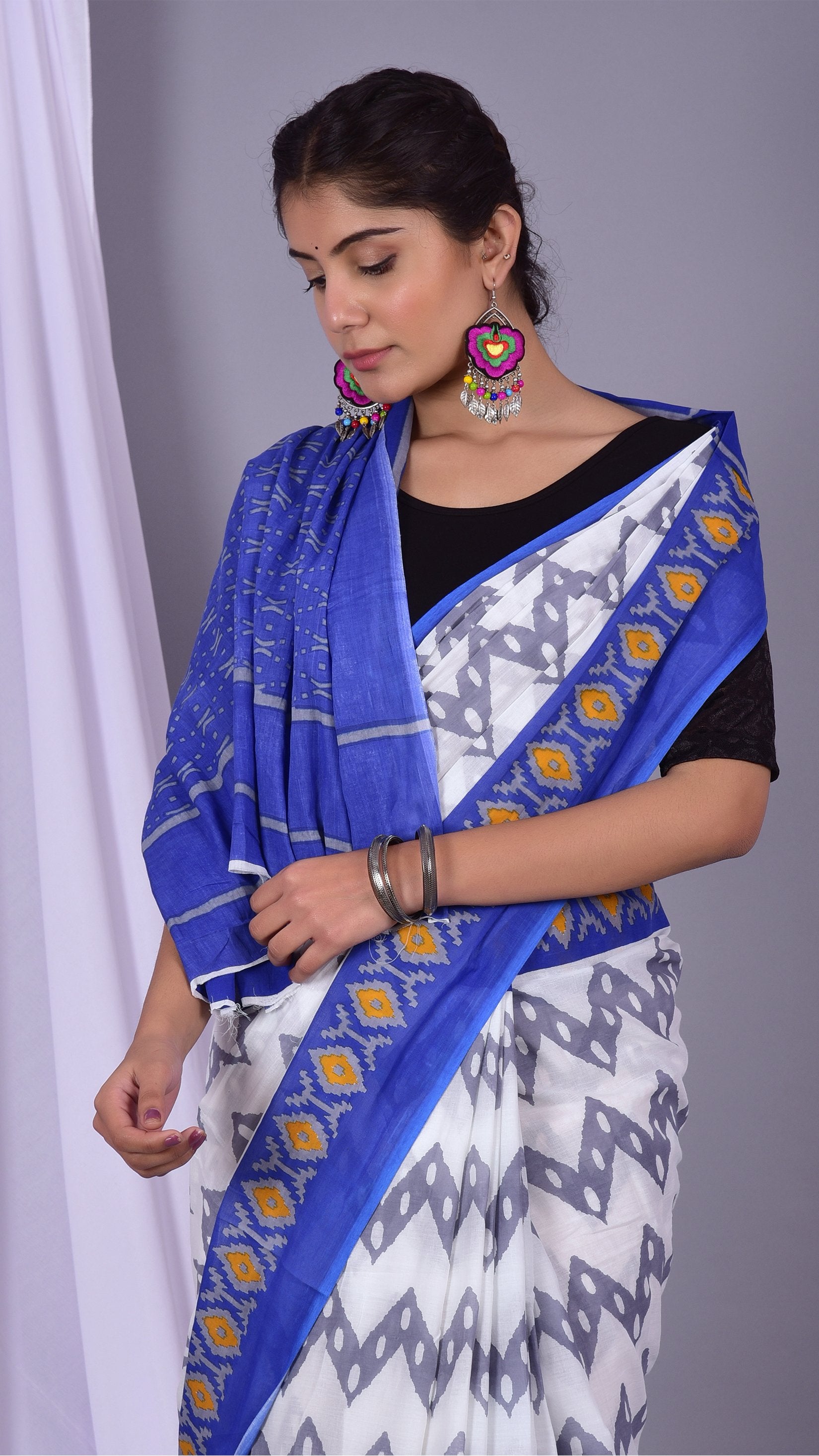 Designer Stripes Print Summery Pure Cotton Saree (RMULSAR11) - ShalviFashion
