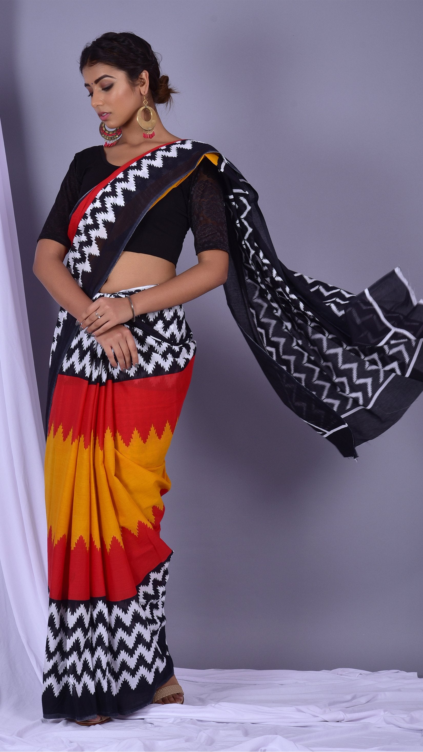 Multi-Colour Stripes Print Pure Cotton Sarees (RMULSAR12) - ShalviFashion