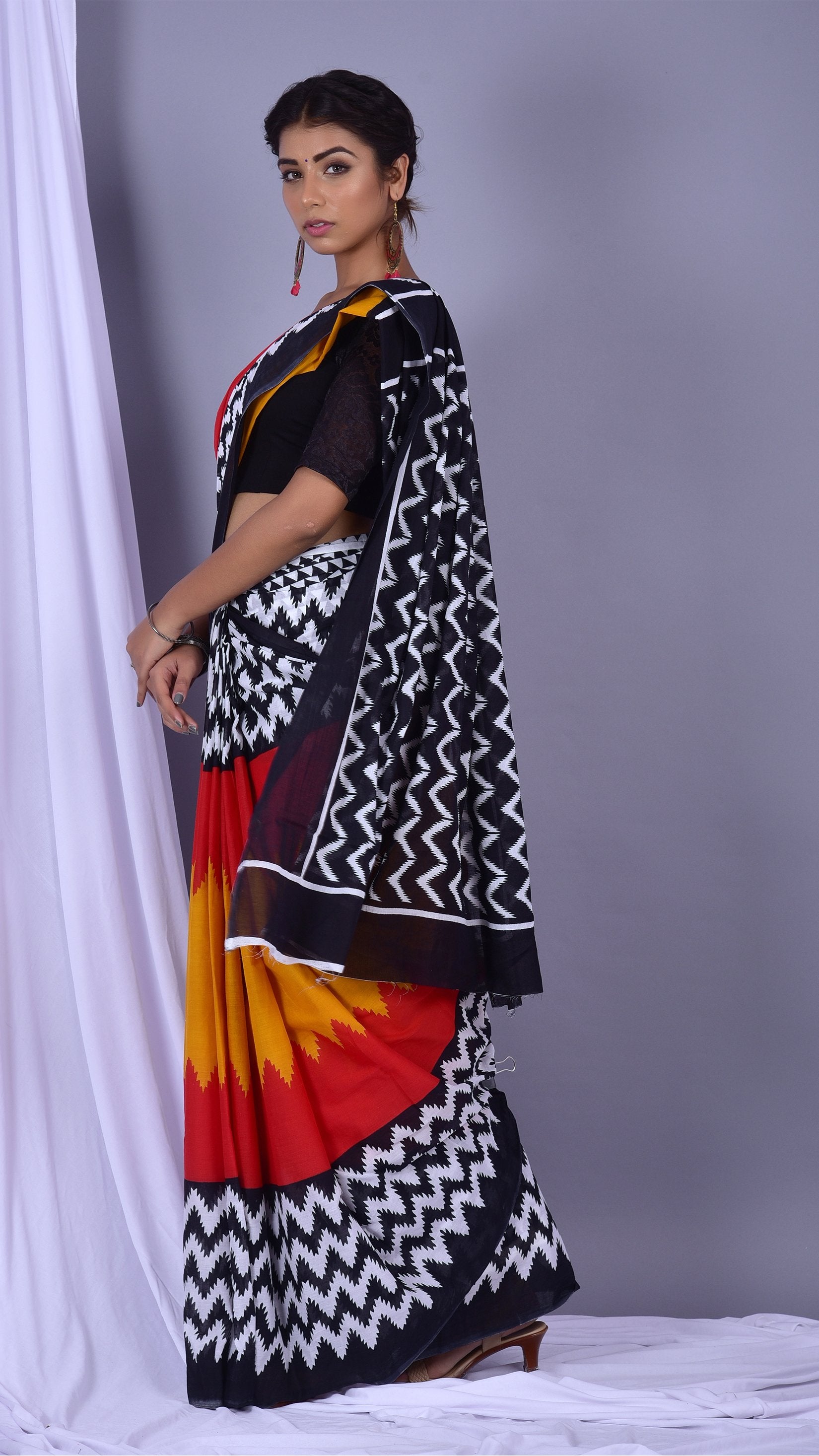 Multi-Colour Stripes Print Pure Cotton Sarees (RMULSAR12) - ShalviFashion