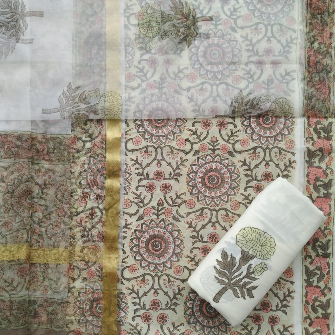 shop unstitched cotton suit set with organza dupatta