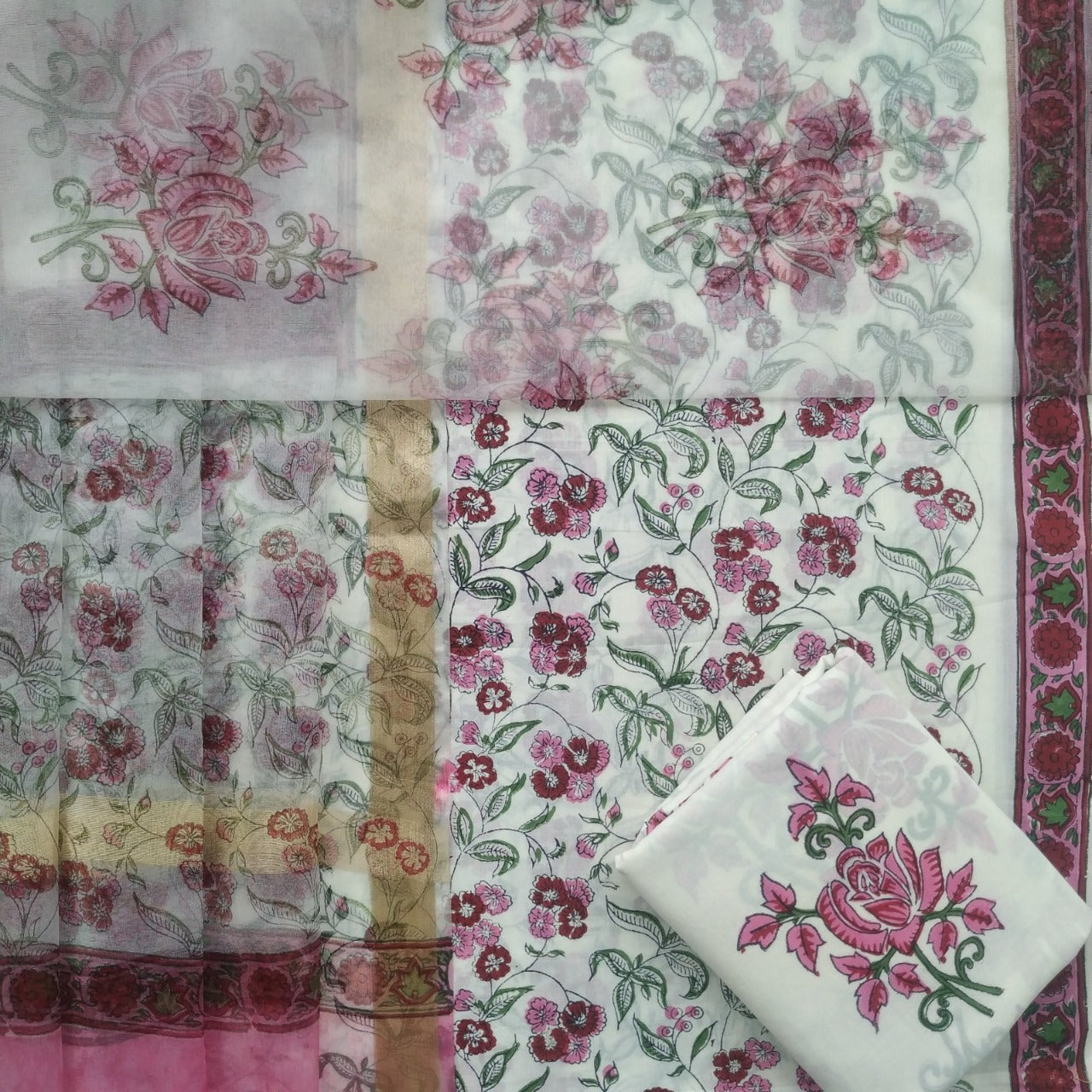 shop unstitched hand block print cotton suit with organza dupatta