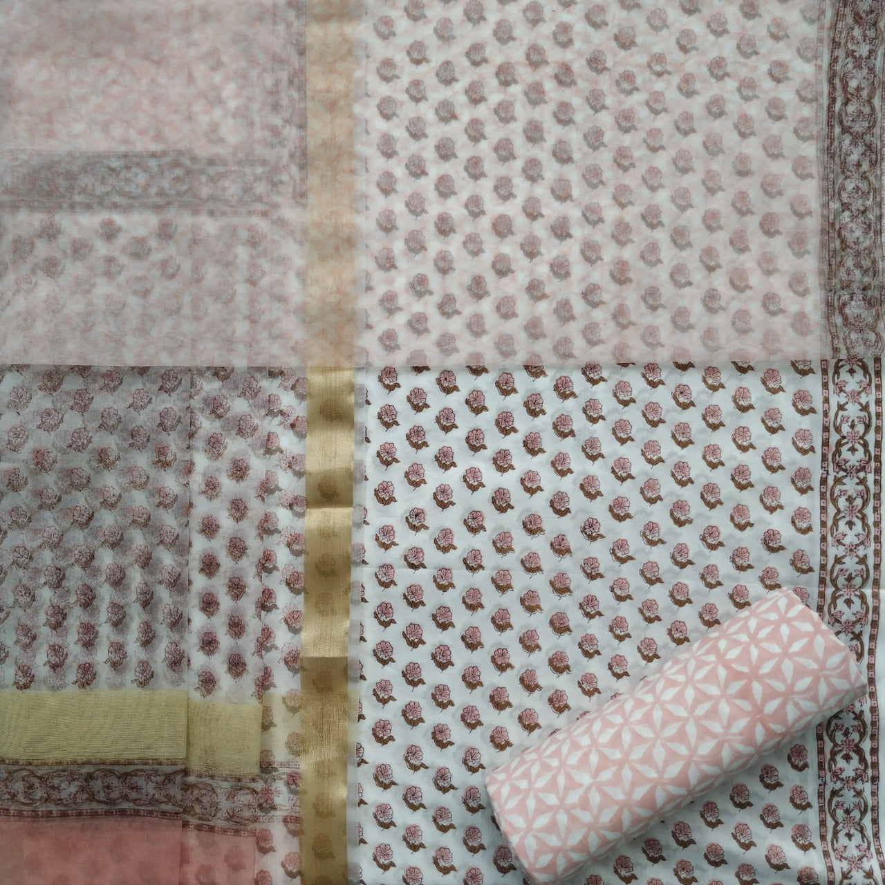 shop unstitched hand block print cotton suit with organza dupatta