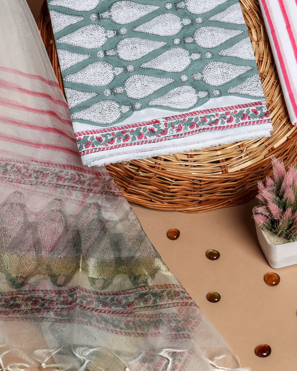 shop unstitched hand block print cotton suit with organza dupatta