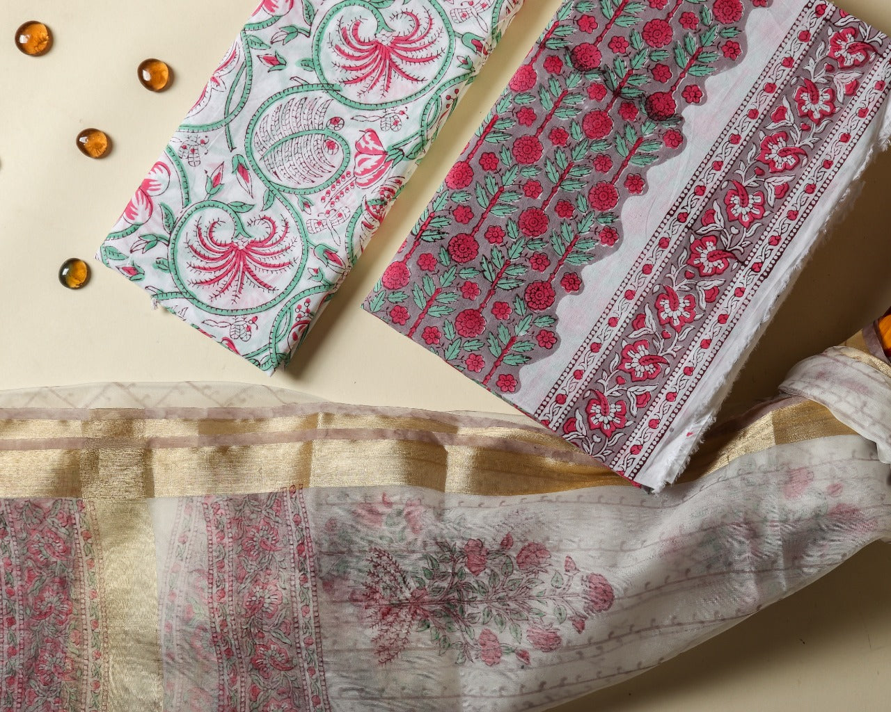 shop hand block print cotton suit with organza dupatta online (ORG134)