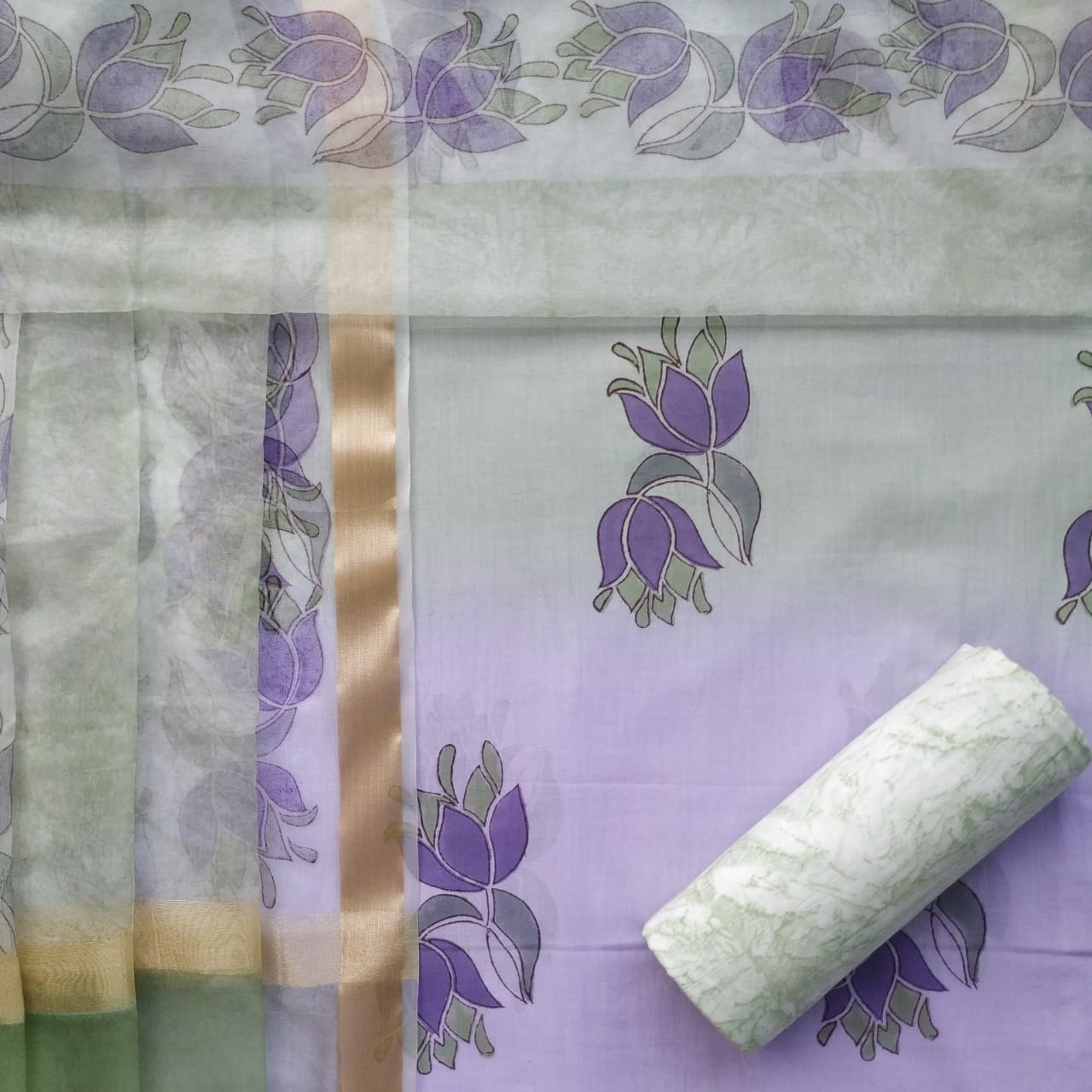 Shop unstitched cotton suit sets with organza dupatta (ORG154)