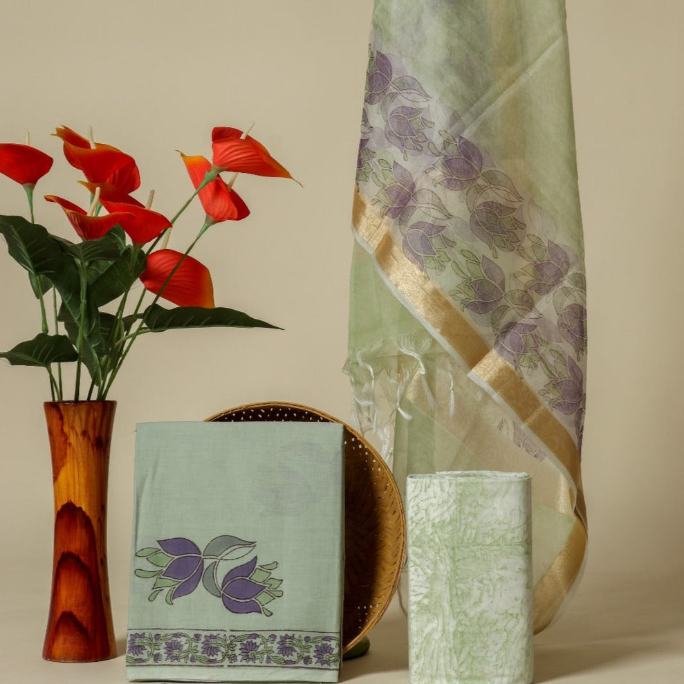 Shop unstitched cotton suit sets with organza dupatta (ORG154)