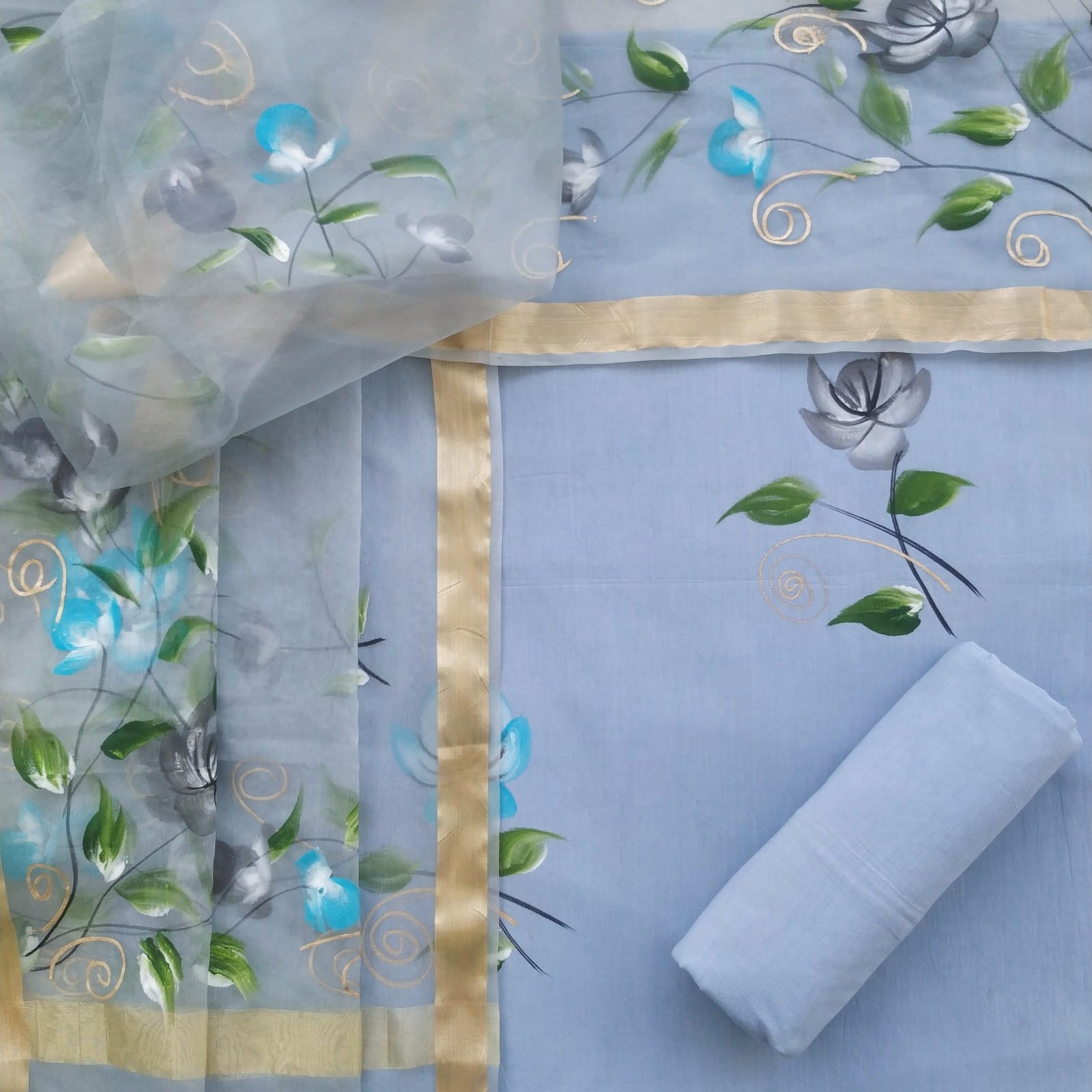 Shop unstitched cotton suit sets with organza dupatta (ORG156)