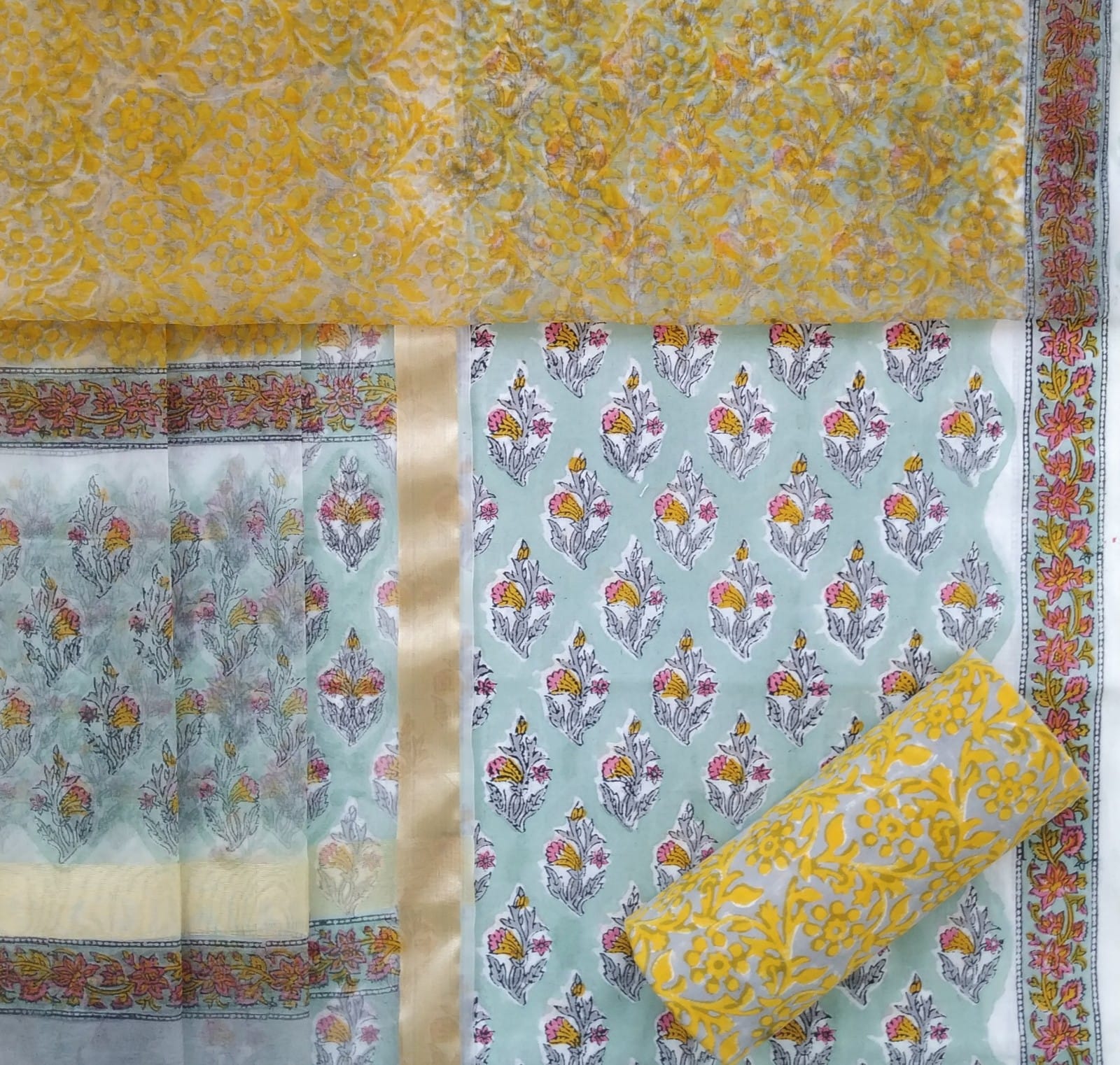 Shop unstitched cotton suit material with organza dupatta (ORG166)