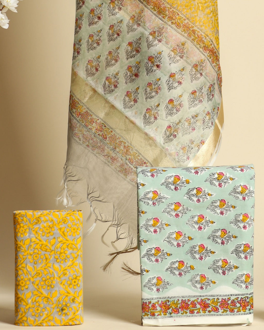 Shop unstitched cotton suit material with organza dupatta (ORG166)