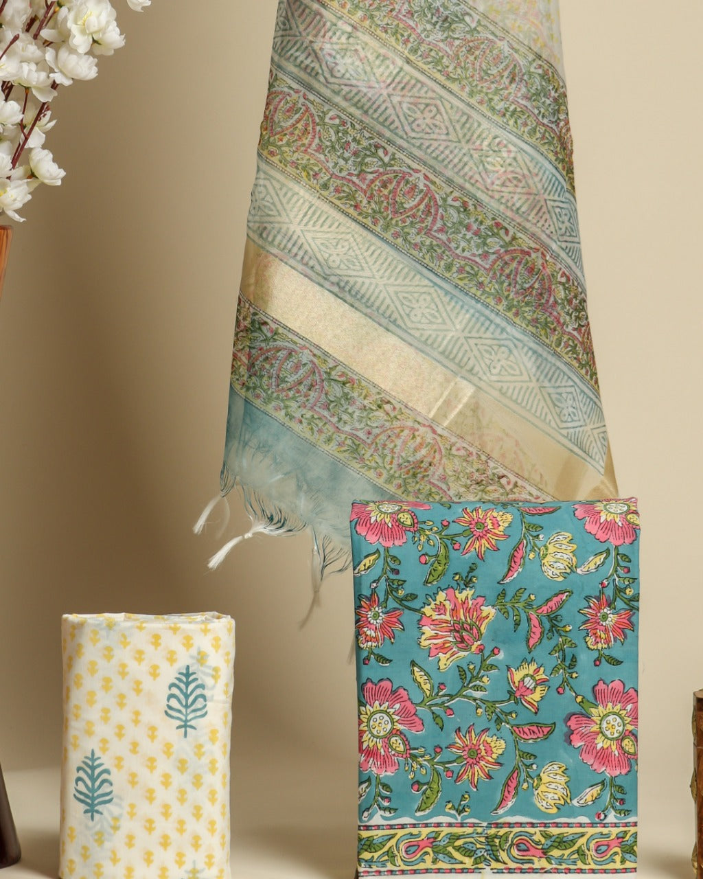 Shop premium cotton suit sets with organza dupatta (ORG167)