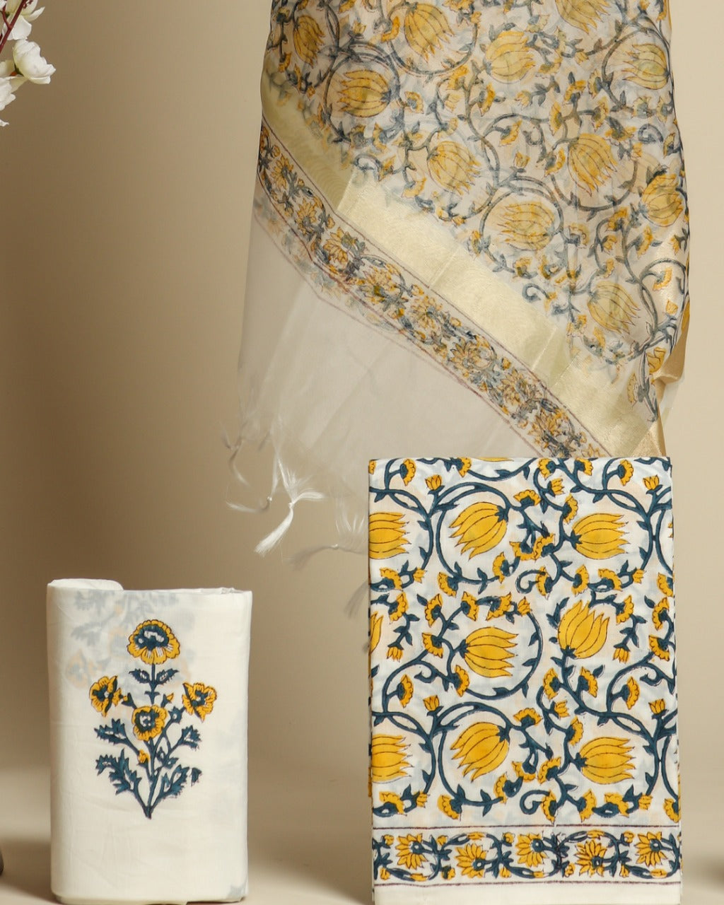 Shop unstitched cotton suit sets with organza dupatta (ORG170)