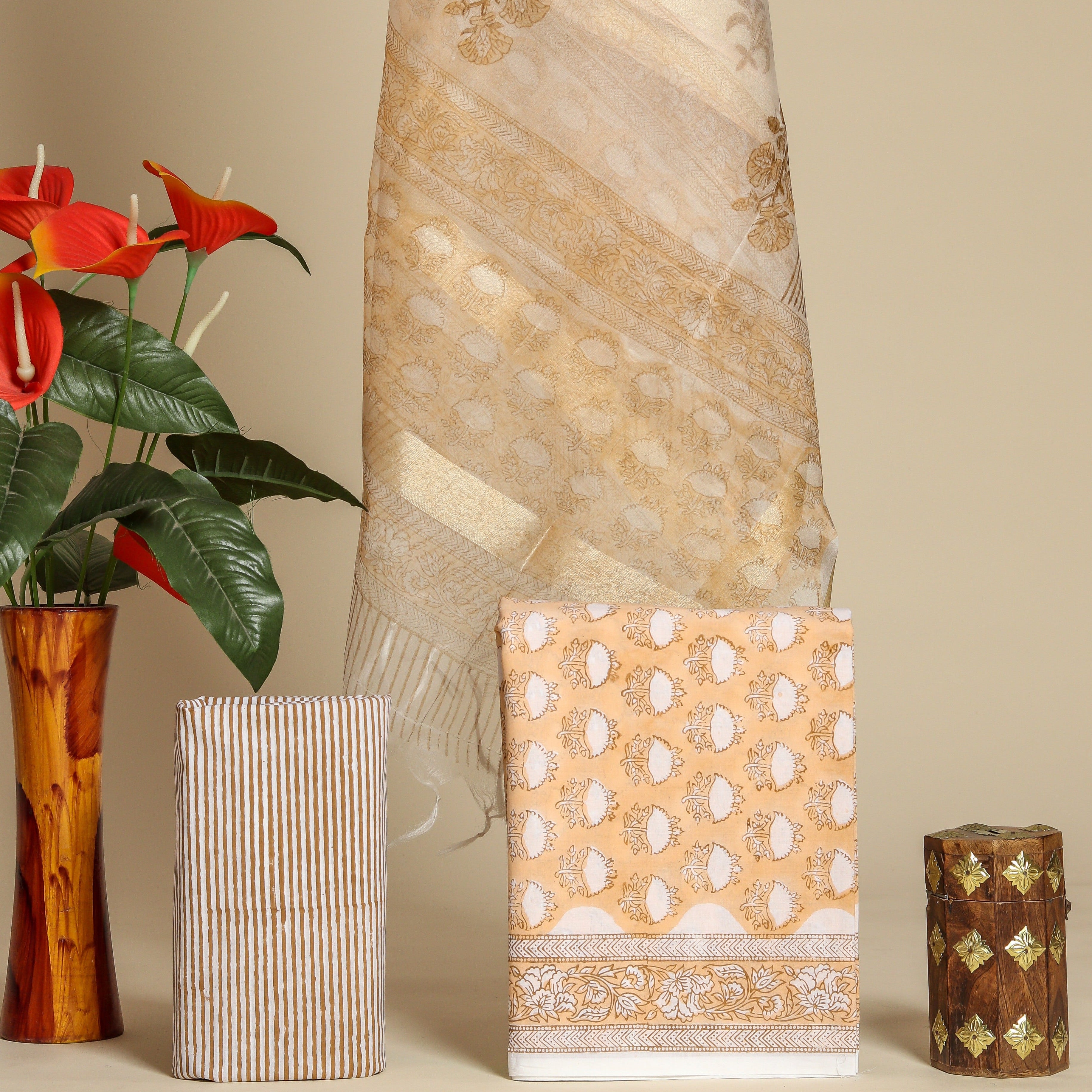 Shalvi's Hand Block Print Cotton Suit Set with Organza Dupatta