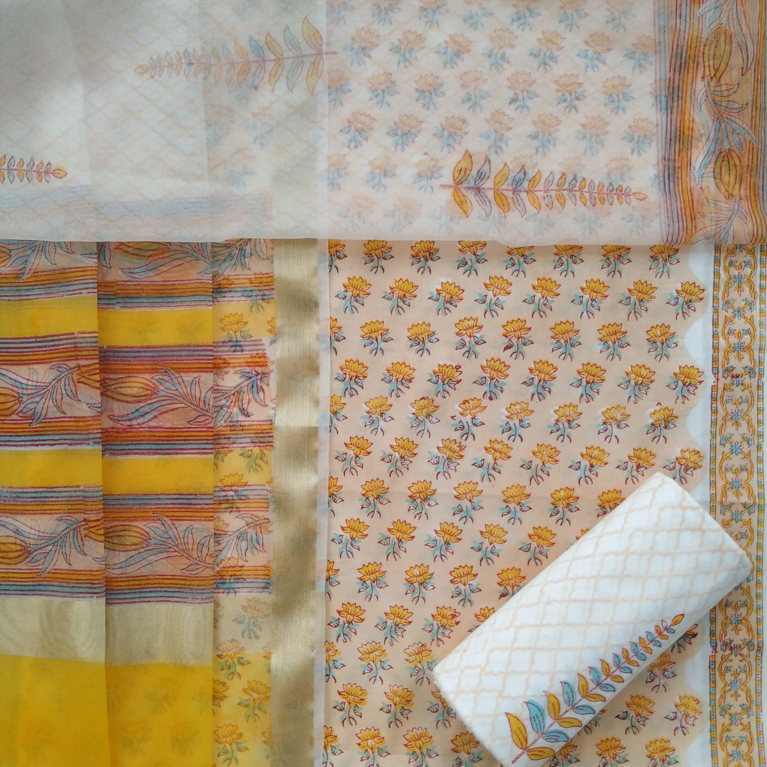 Shop unstitched cotton suit sets with organza dupatta (ORG178)