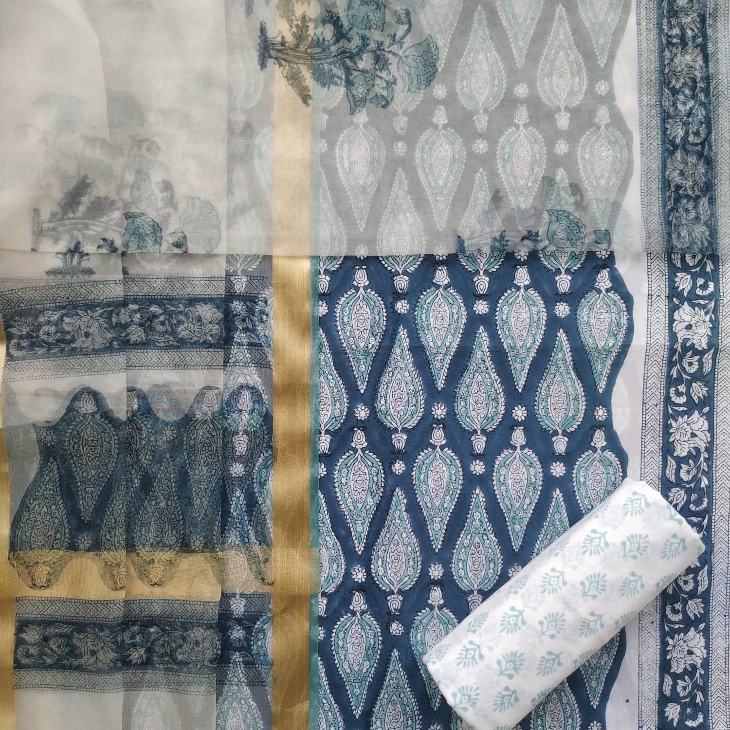 Shop unstitched cotton suit sets with organza dupatta (ORG180)