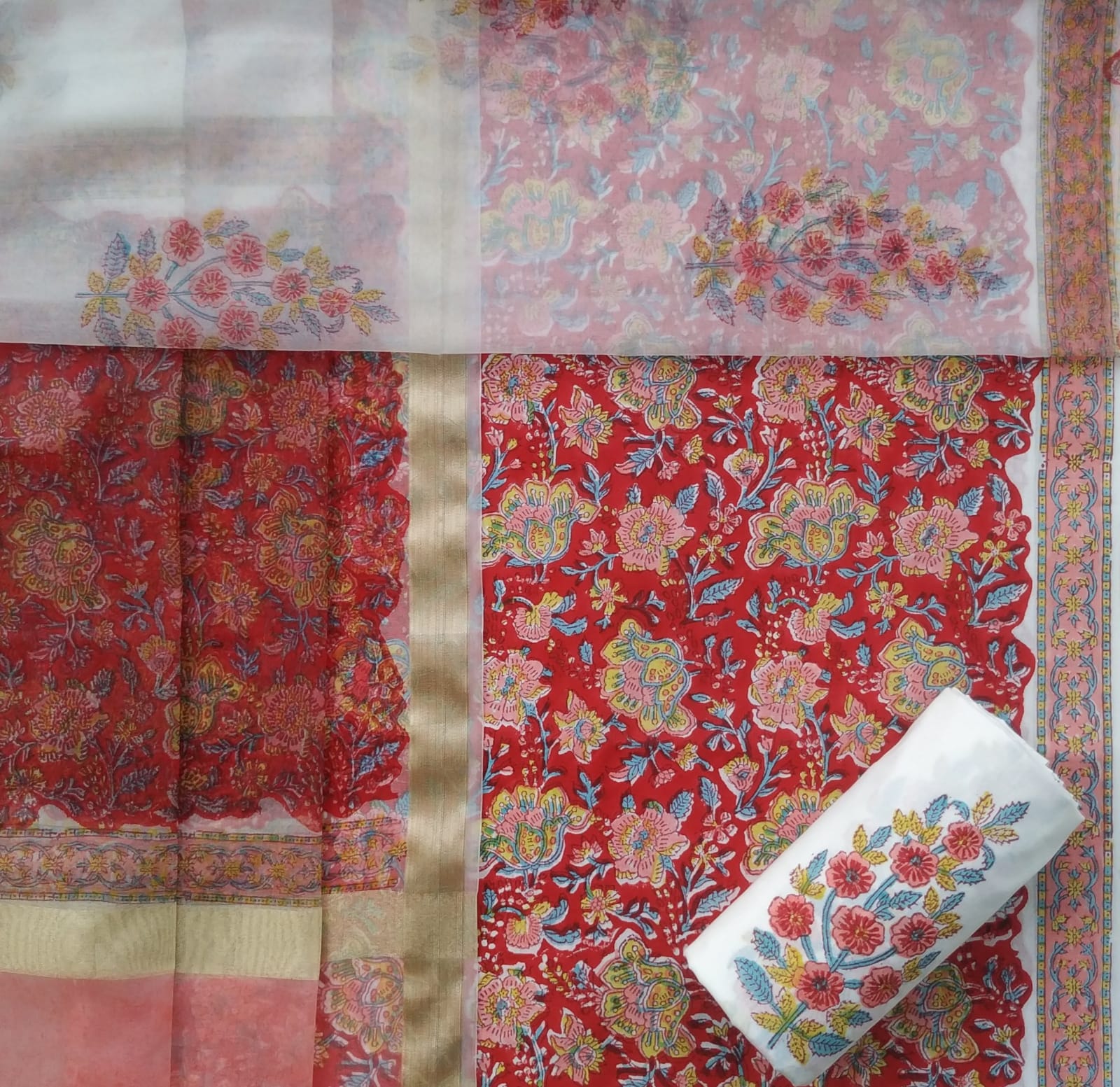 Shop unstitched cotton suit sets with organza dupatta (ORG184)