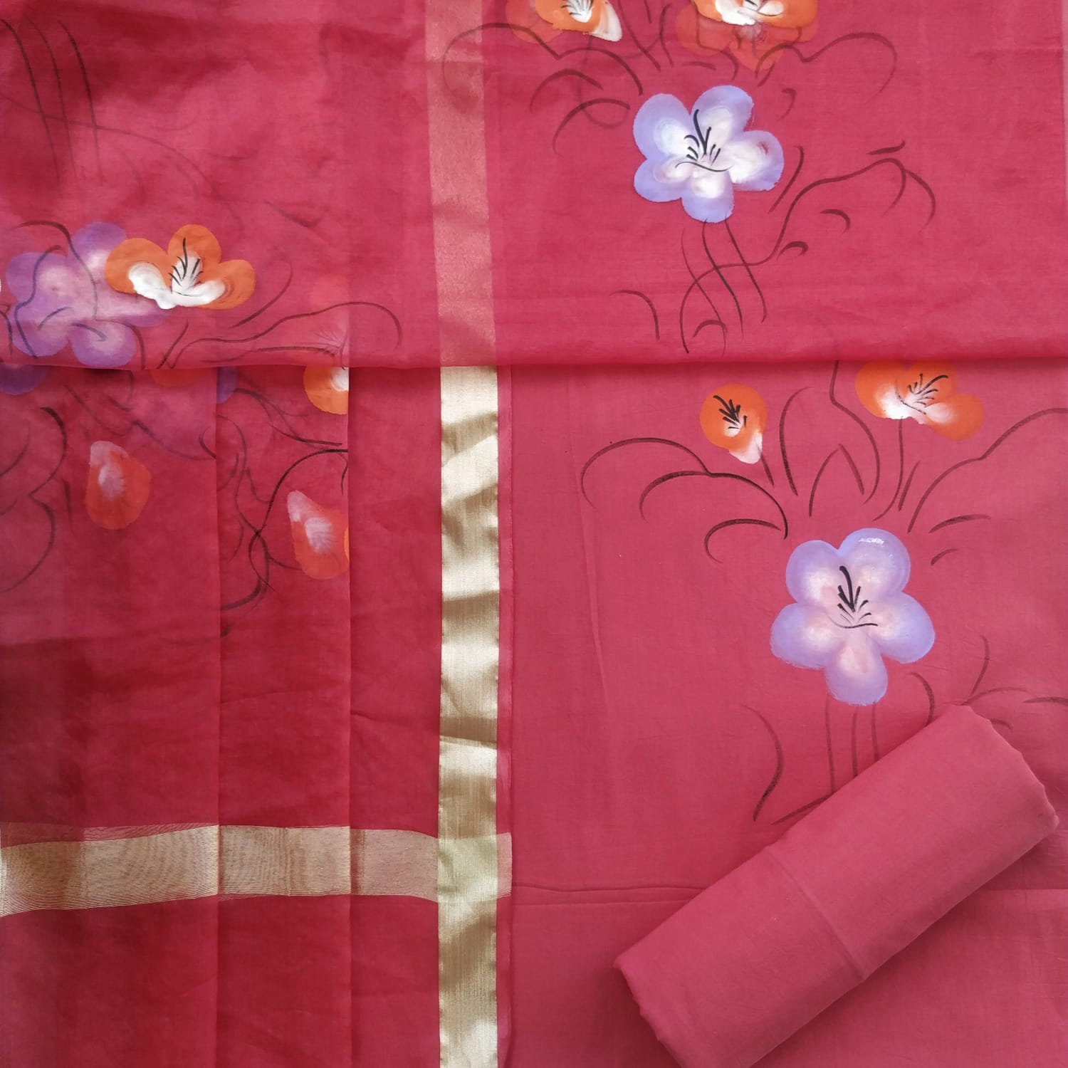 Shop hand painted cotton suit sets with organza dupatta (ORG192)
