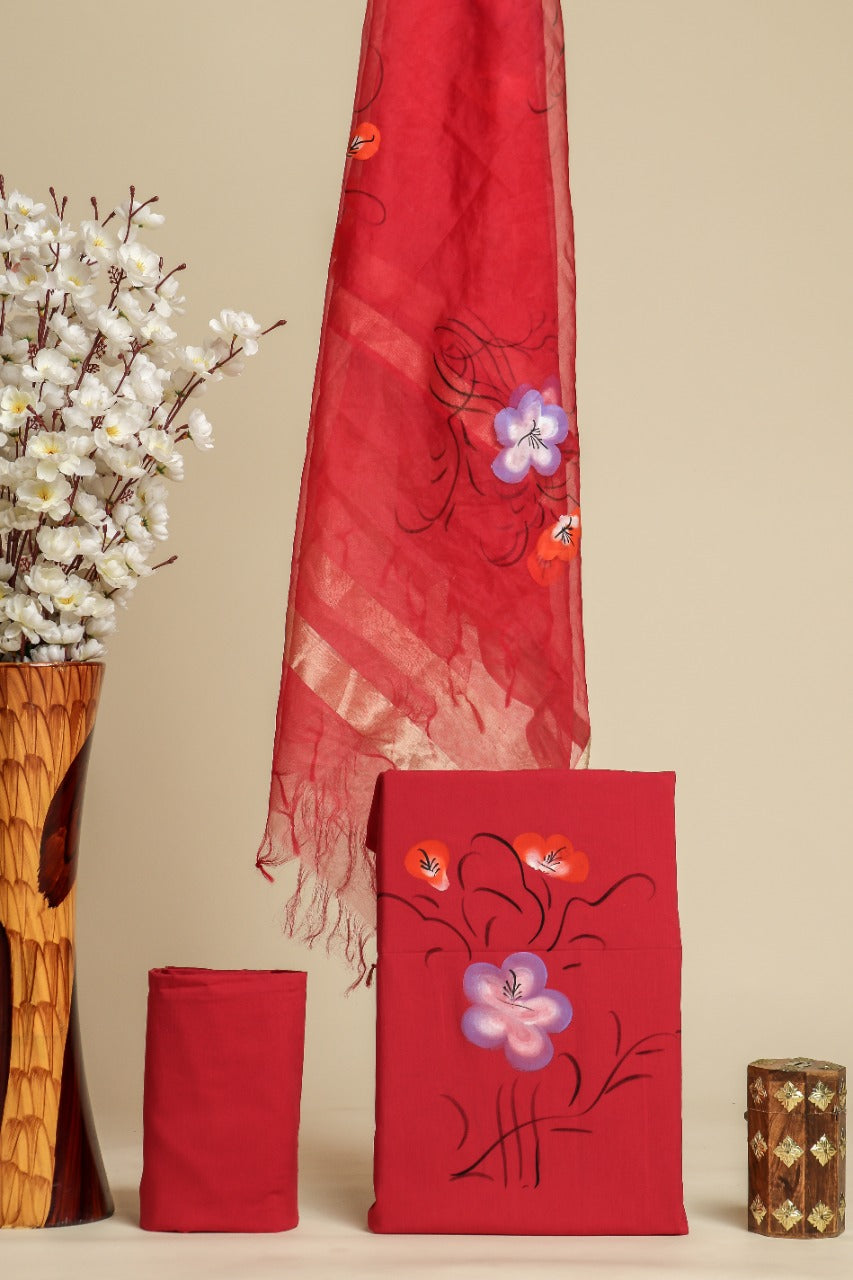 Shop hand painted cotton suit sets with organza dupatta (ORG192)