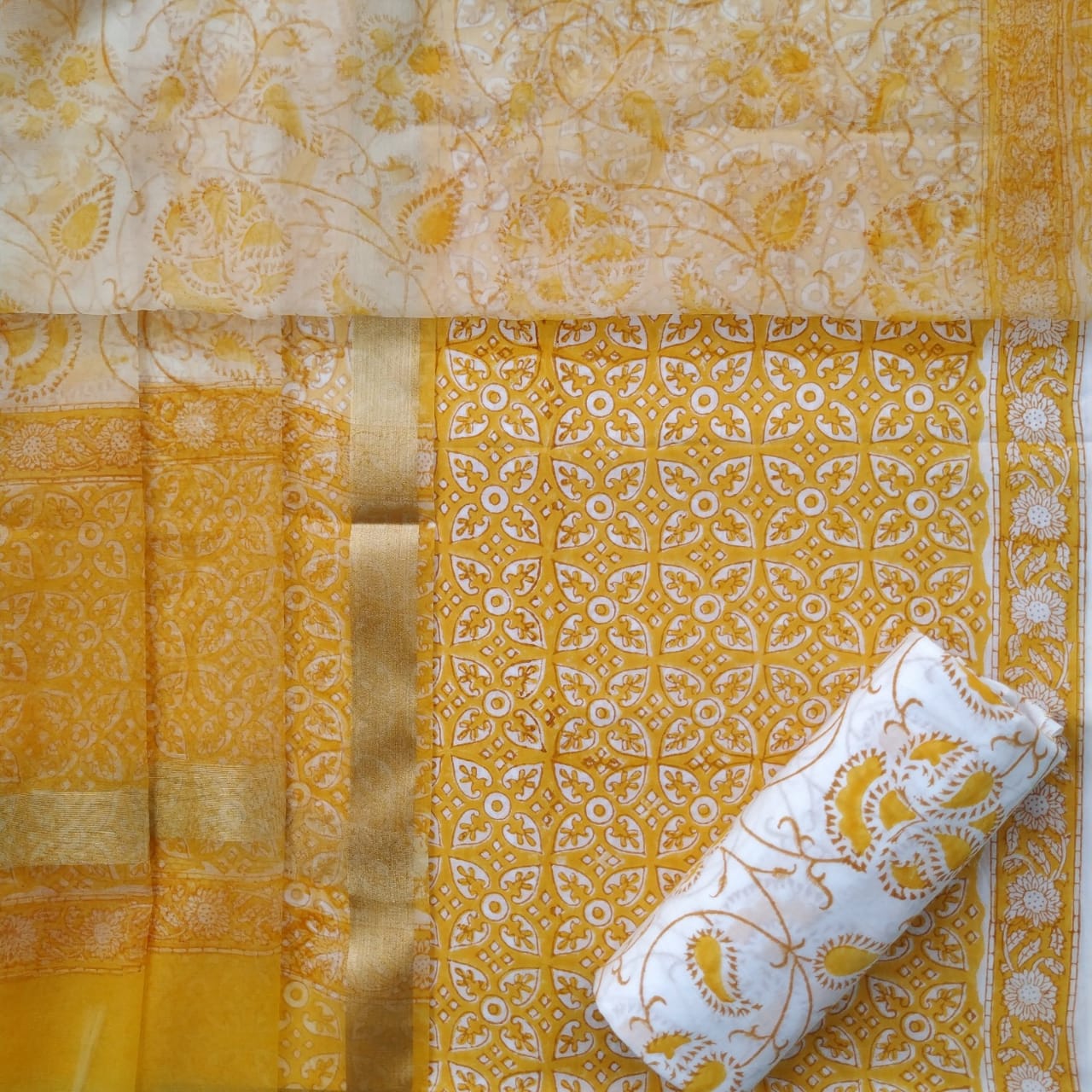 Shop hand block print cotton suit sets with organza dupatta (ORG193)