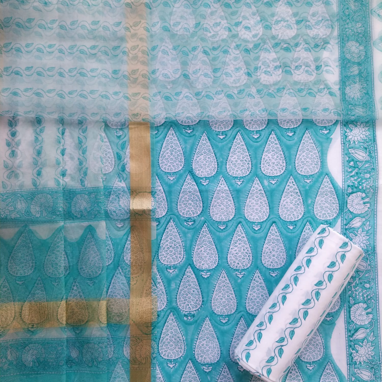 Shop jaipuri print cotton suit sets with organza dupatta (ORG194)