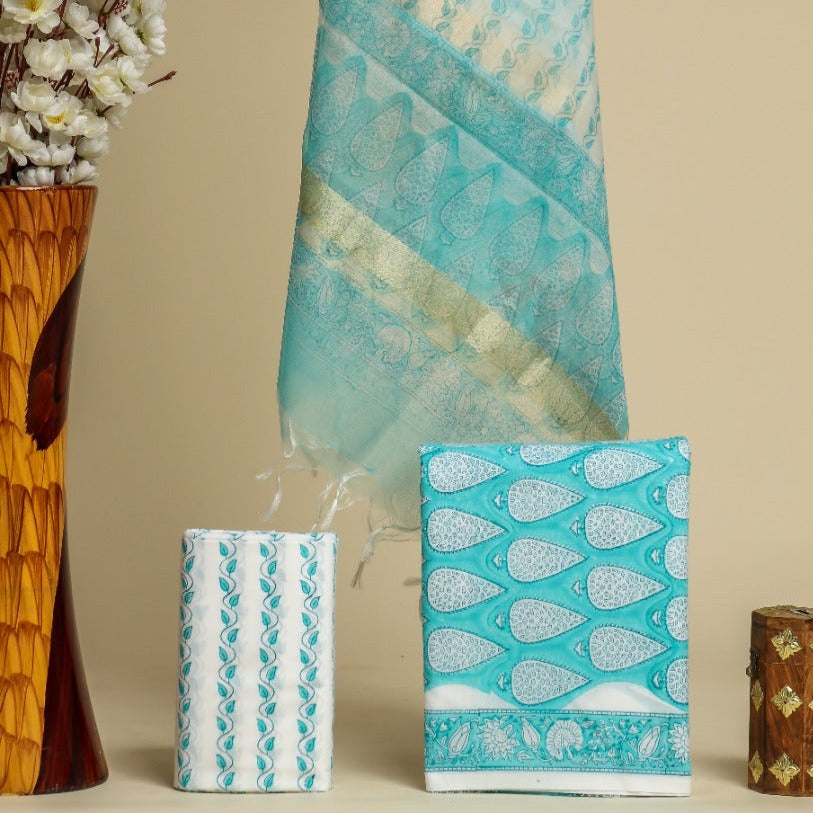 Shop jaipuri print cotton suit sets with organza dupatta (ORG194)