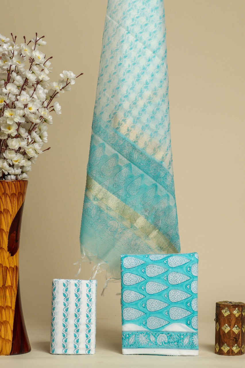 Shop jaipuri print cotton suit sets with organza dupatta (ORG194)