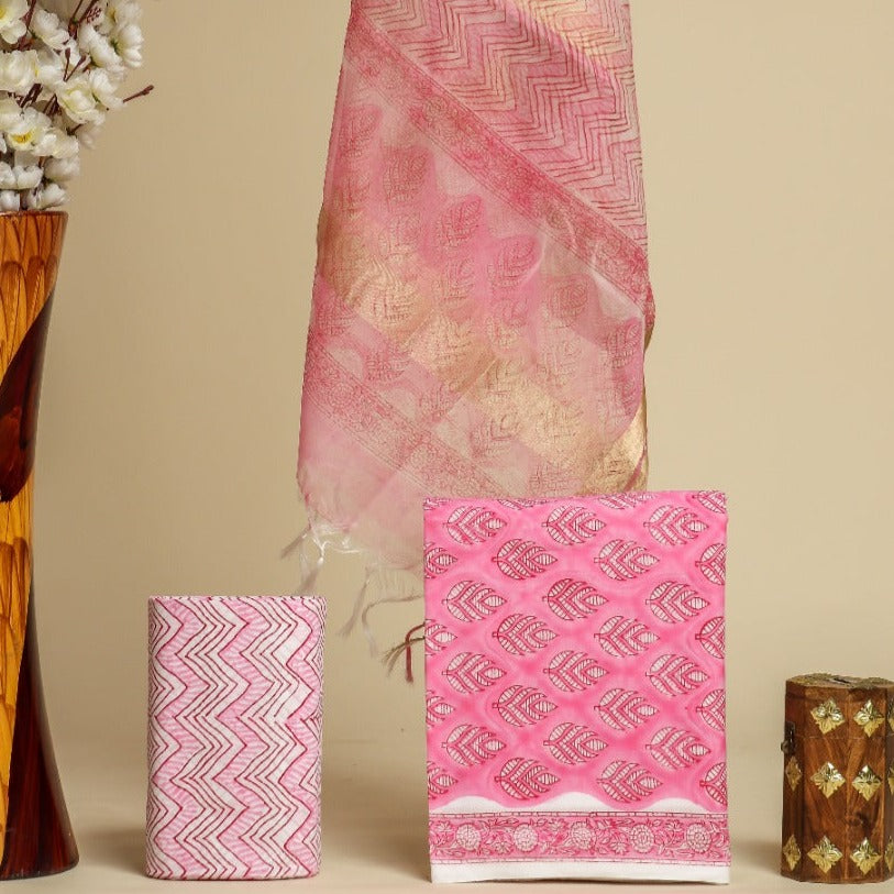 Shop unstitched cotton suit sets with organza dupatta (ORG195)