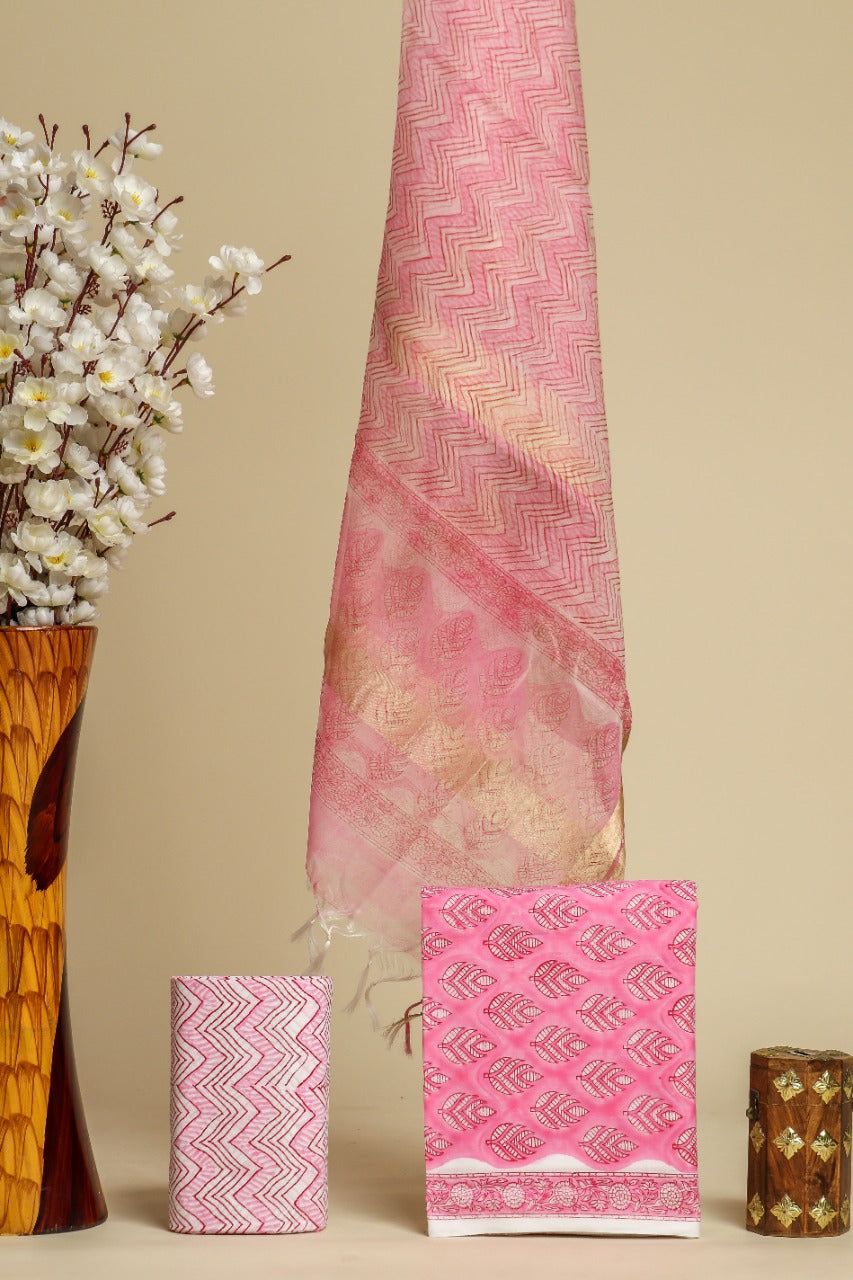 Shop unstitched cotton suit sets with organza dupatta (ORG195)