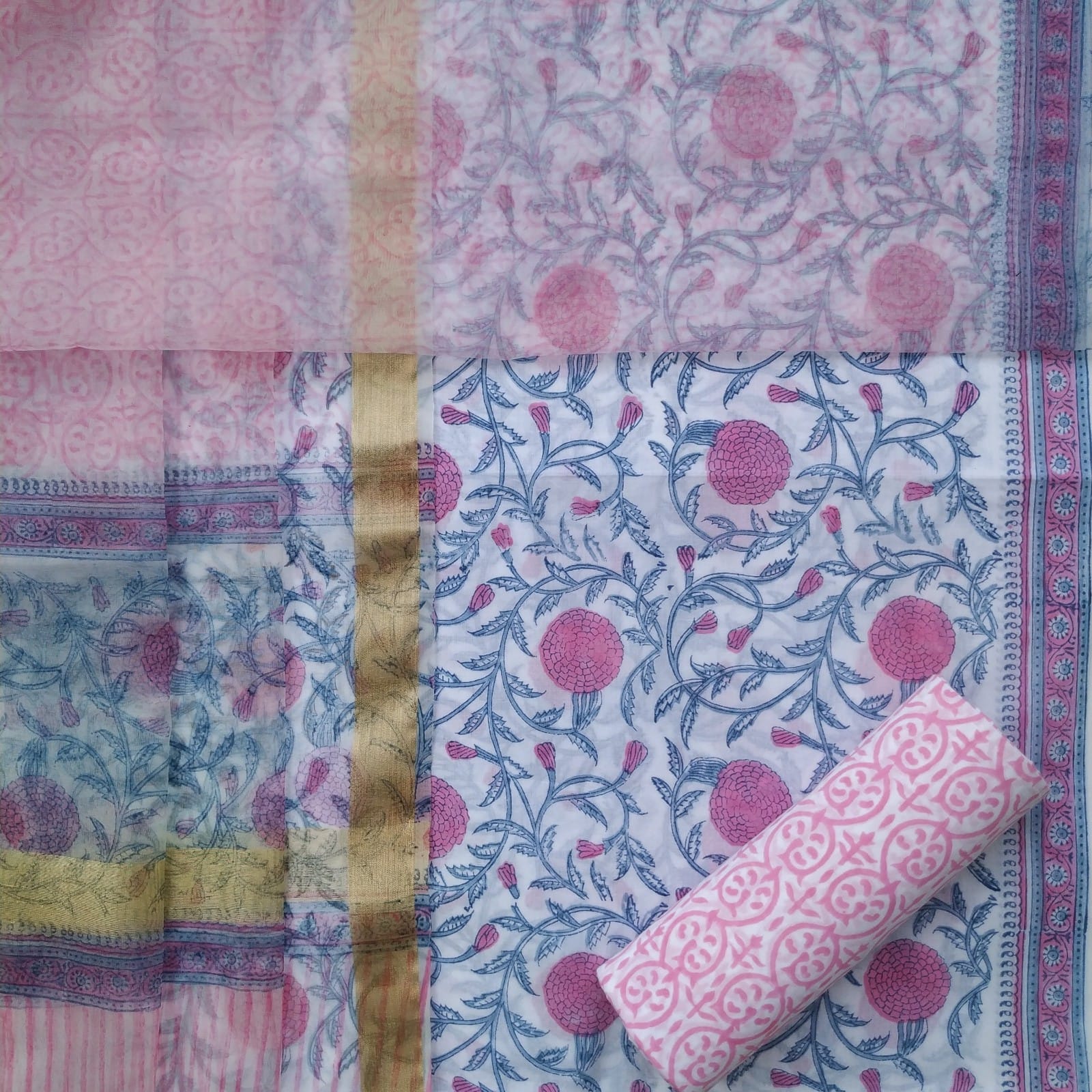 Shop block print cotton suit sets with organza dupatta (ORG199)