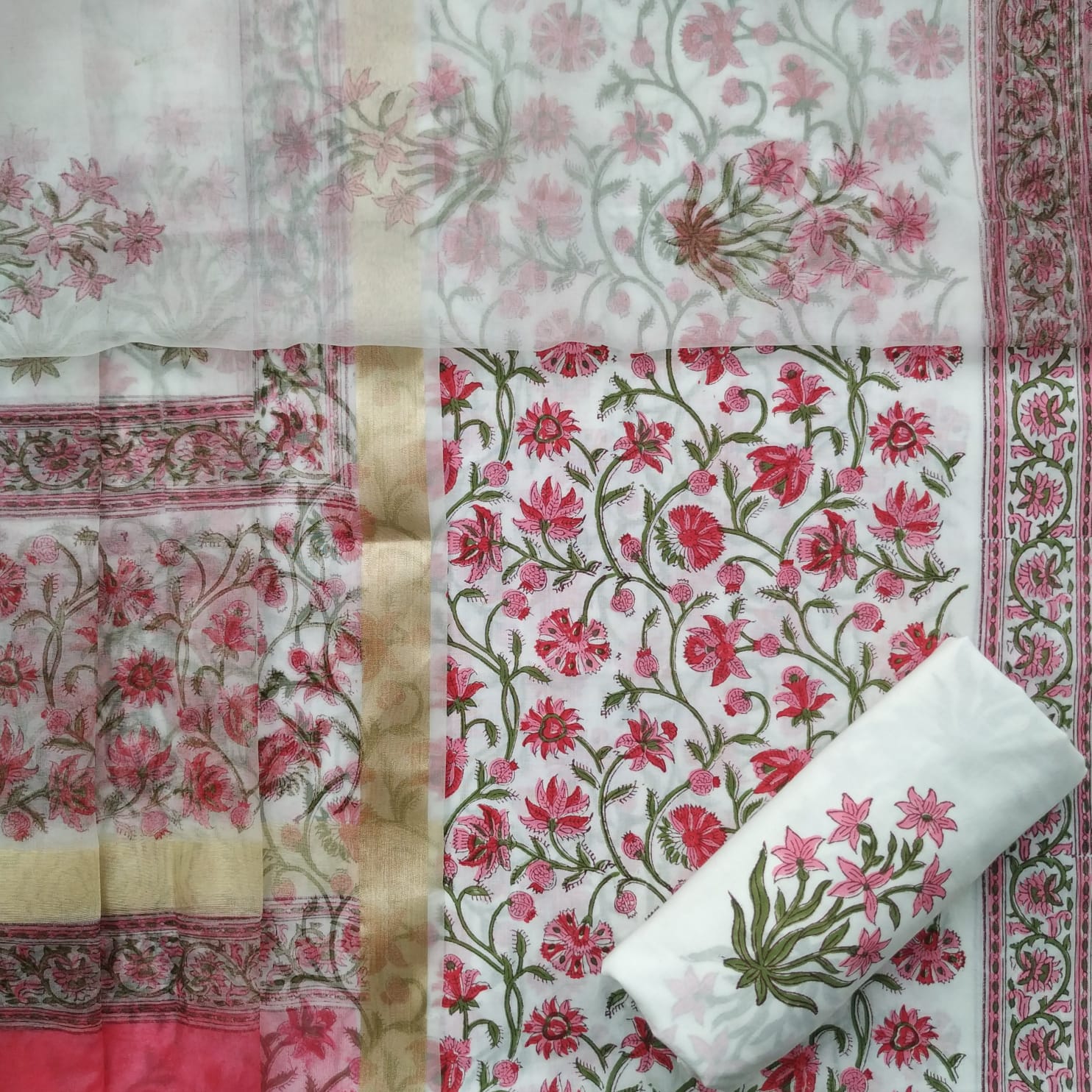 Shop block print cotton suit sets with organza dupatta (ORG201)