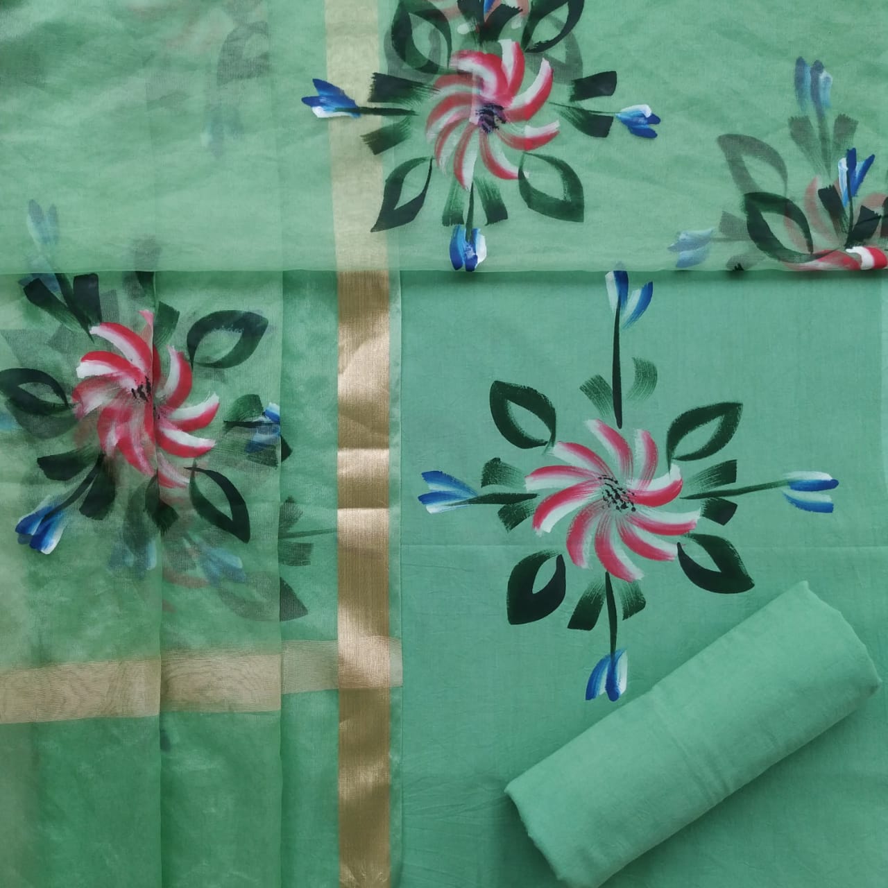 Shop hand painted organza dupatta cotton suit sets online (ORG204)