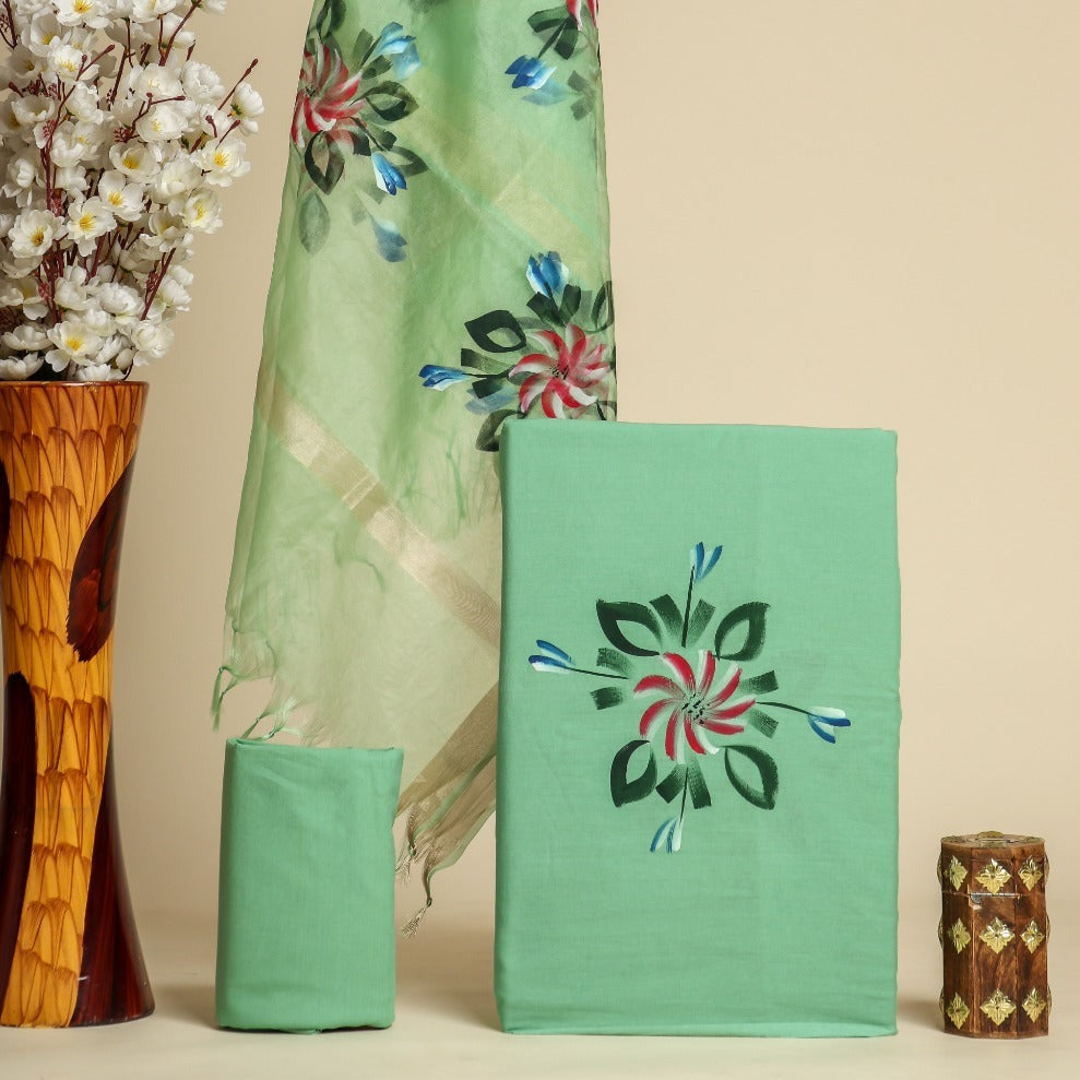 Shop hand painted organza dupatta cotton suit sets online (ORG204)