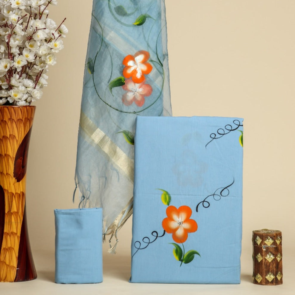 Shop hand painted organza dupatta cotton suit sets in jaipur (ORG208)