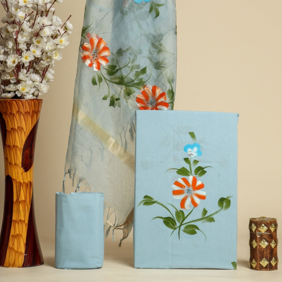 Shop unstitched cotton suit sets with organza dupatta online (ORG211)